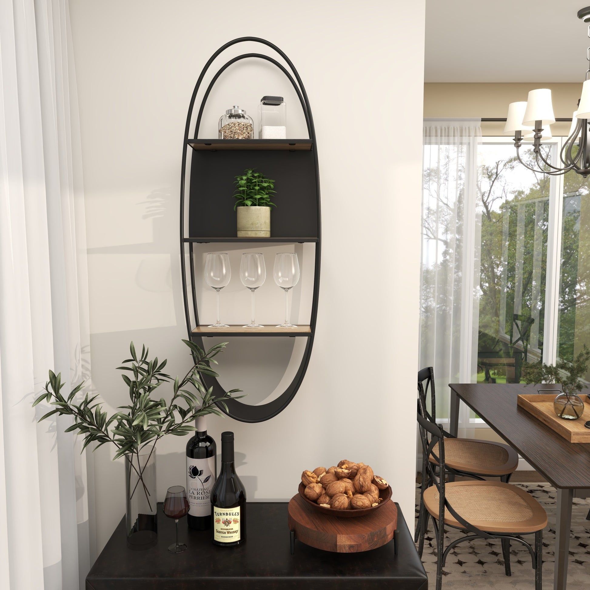 Black Metal Oval 2 Shelf Room Wall Shelf with Wood Accents