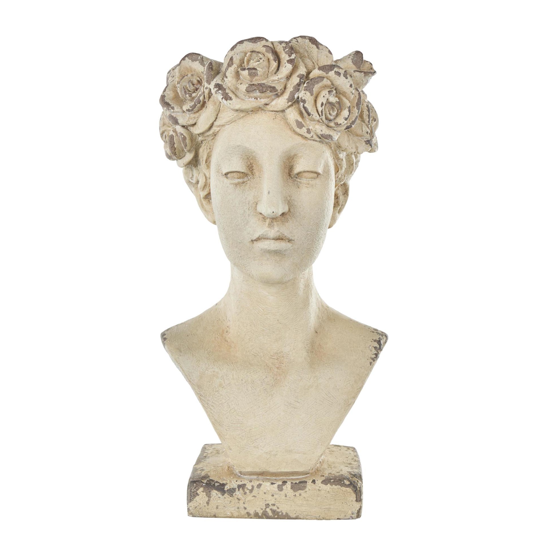 Woman Cream Magnesium Oxide Distressed Antique Greek Bust Indoor Outdoor Planter with Floral Accents