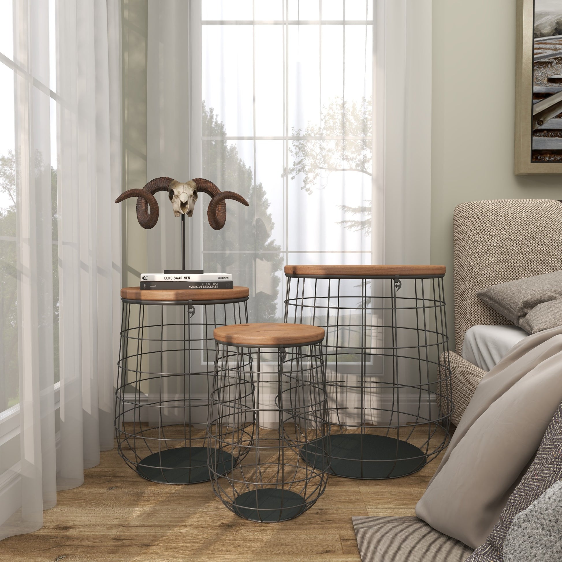 Set of 3 Black Metal Caged Decorative and Functional Storage Basket with Wooden Lift Top Lids