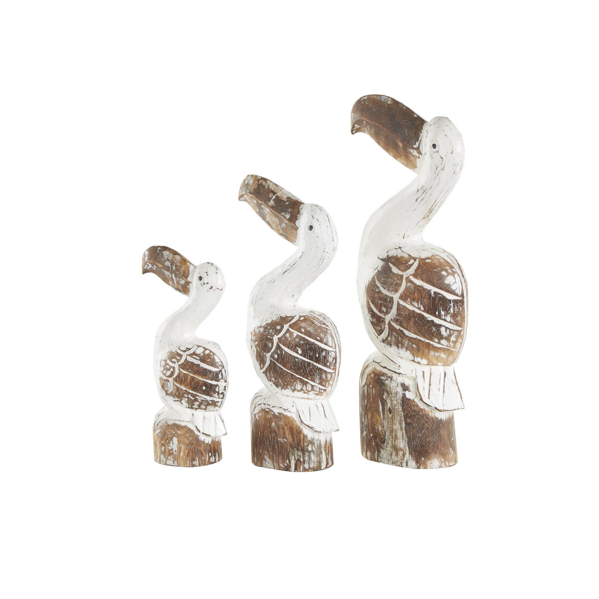 Set of 3 Pelican White Wood Handmade Distressed Decorative Sculpture with Brown Accents