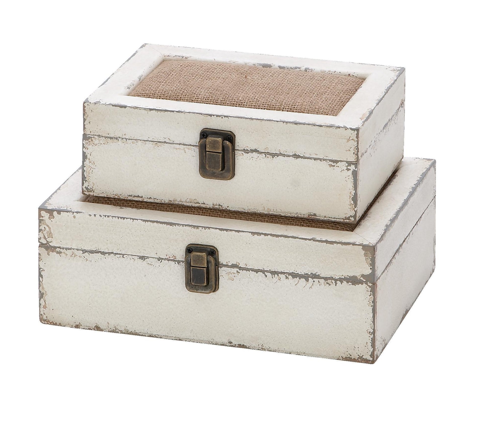 Set of 2 White Wooden Decorative Box with Hinged Lid