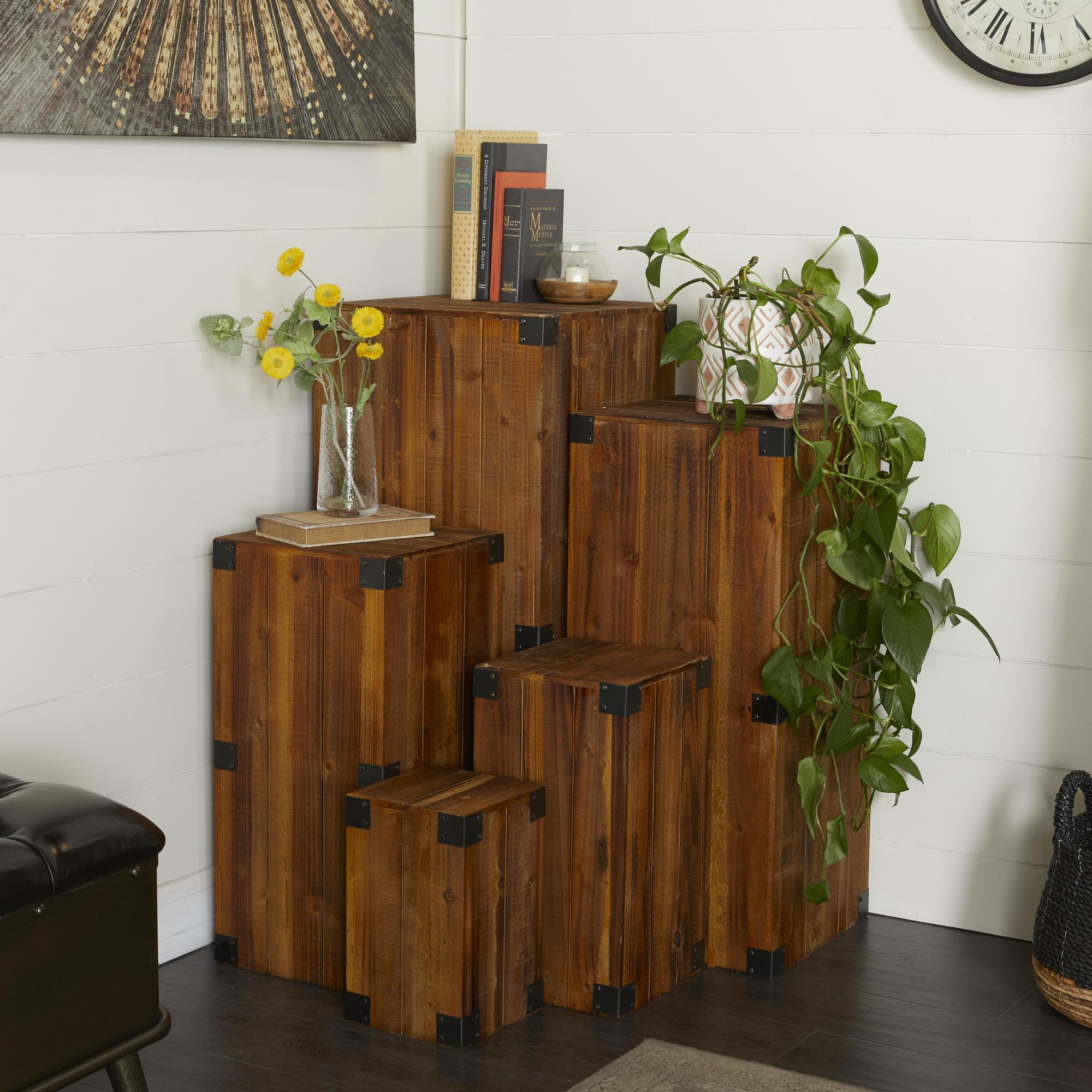 Set of 5 Brown Wood Pillar Style Side End Pedestal Table with Metal Corner Brackets