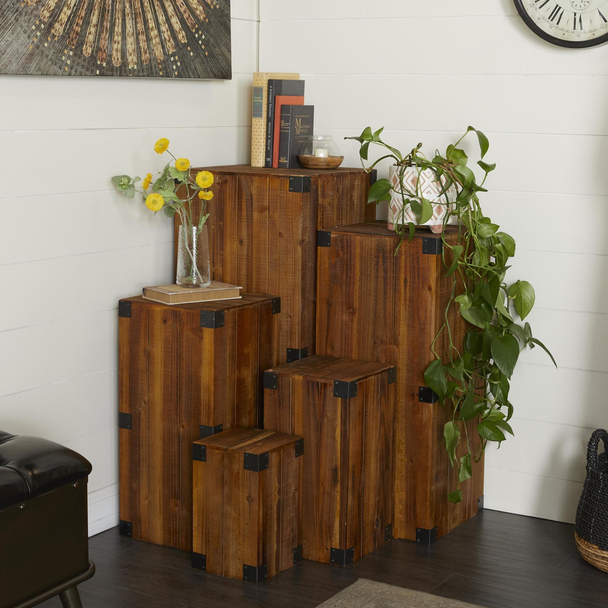 Set of 5 Brown Wood Pillar Style Side End Pedestal Table with Metal Corner Brackets