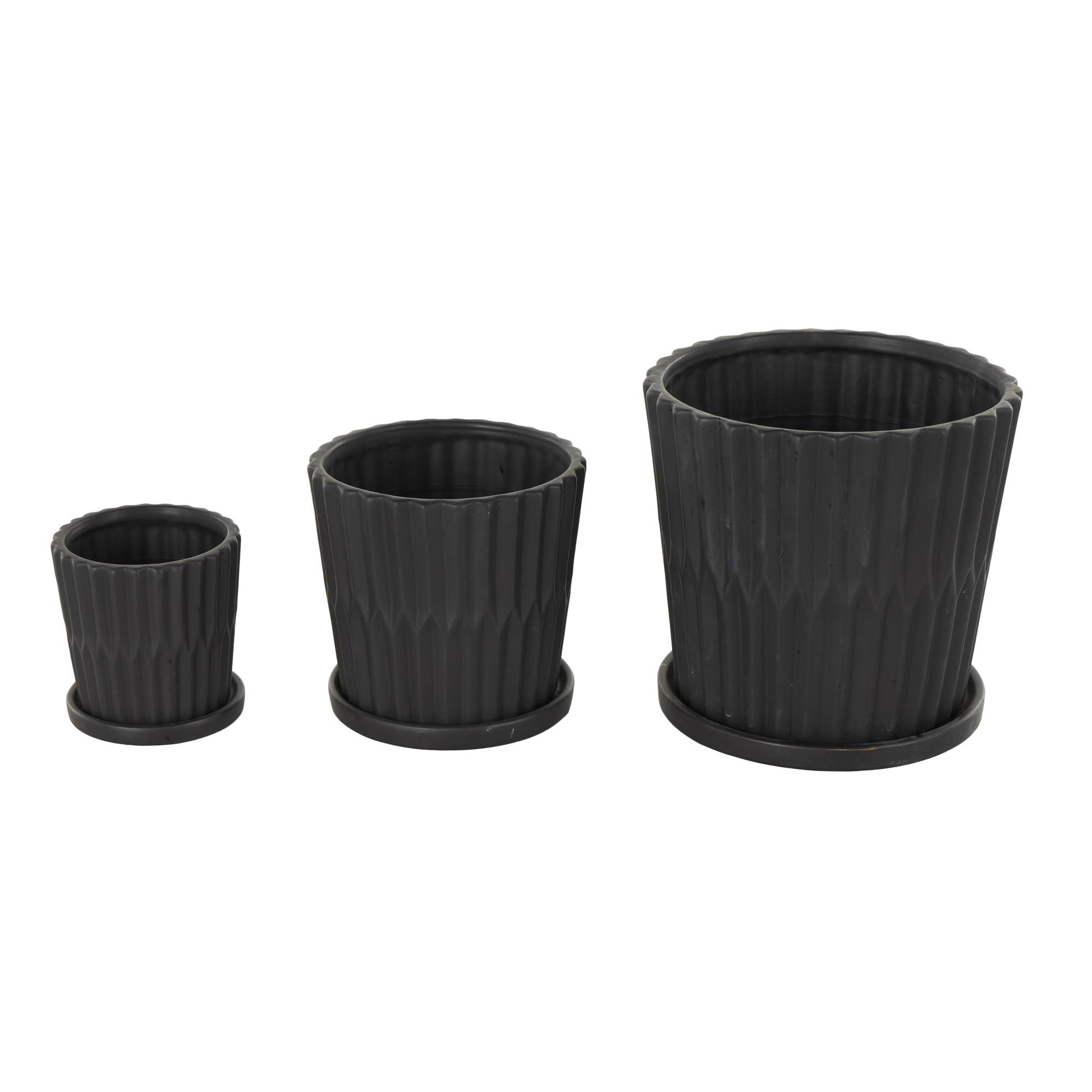 Set of 3 Ceramic Ribbed Indoor Outdoor Planter with Attached Saucer Set of 3 8",6",5"H