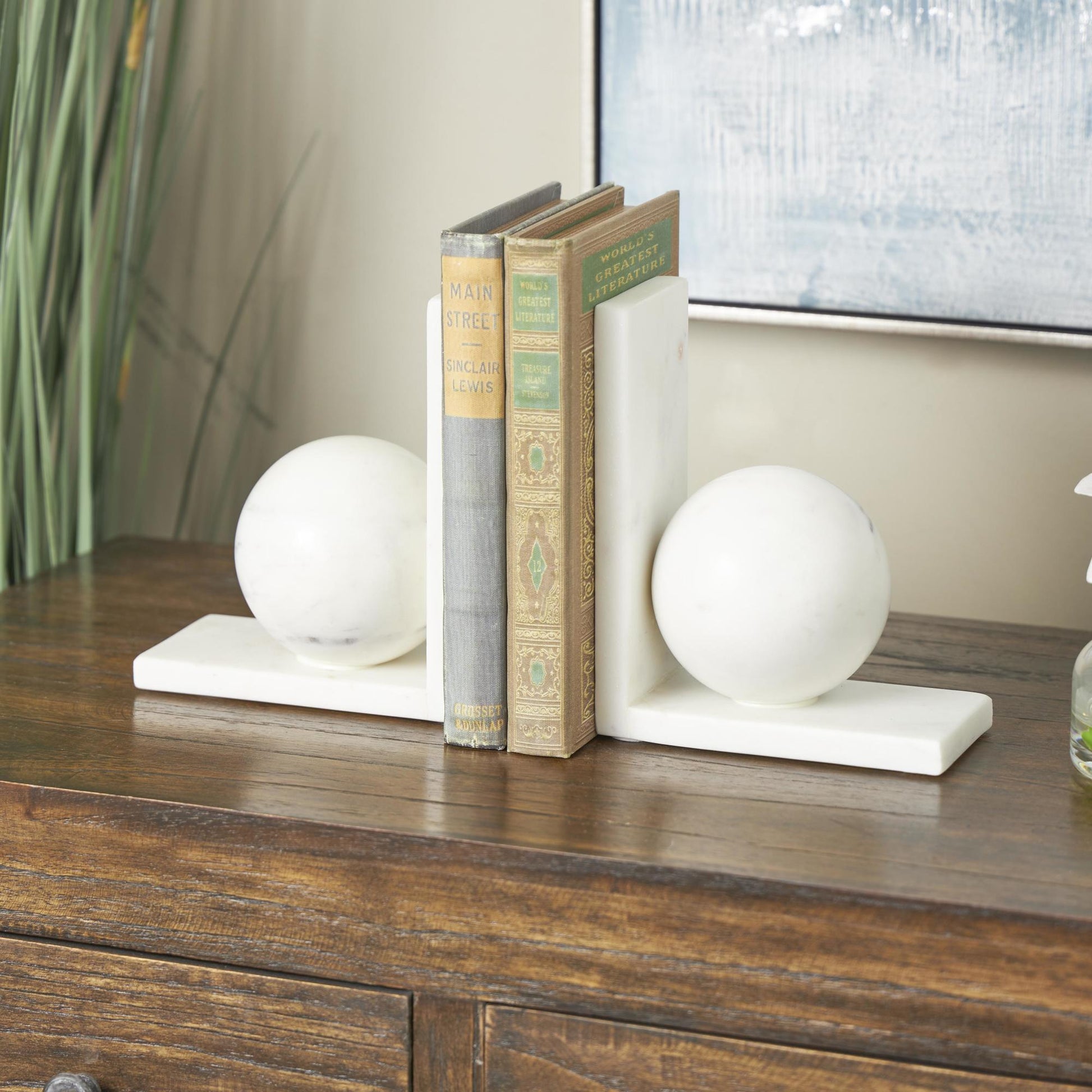 Set of 2 Geometric Marble Sleek Orb 12 lbs Decorative Bookends with L- Shaped Bases