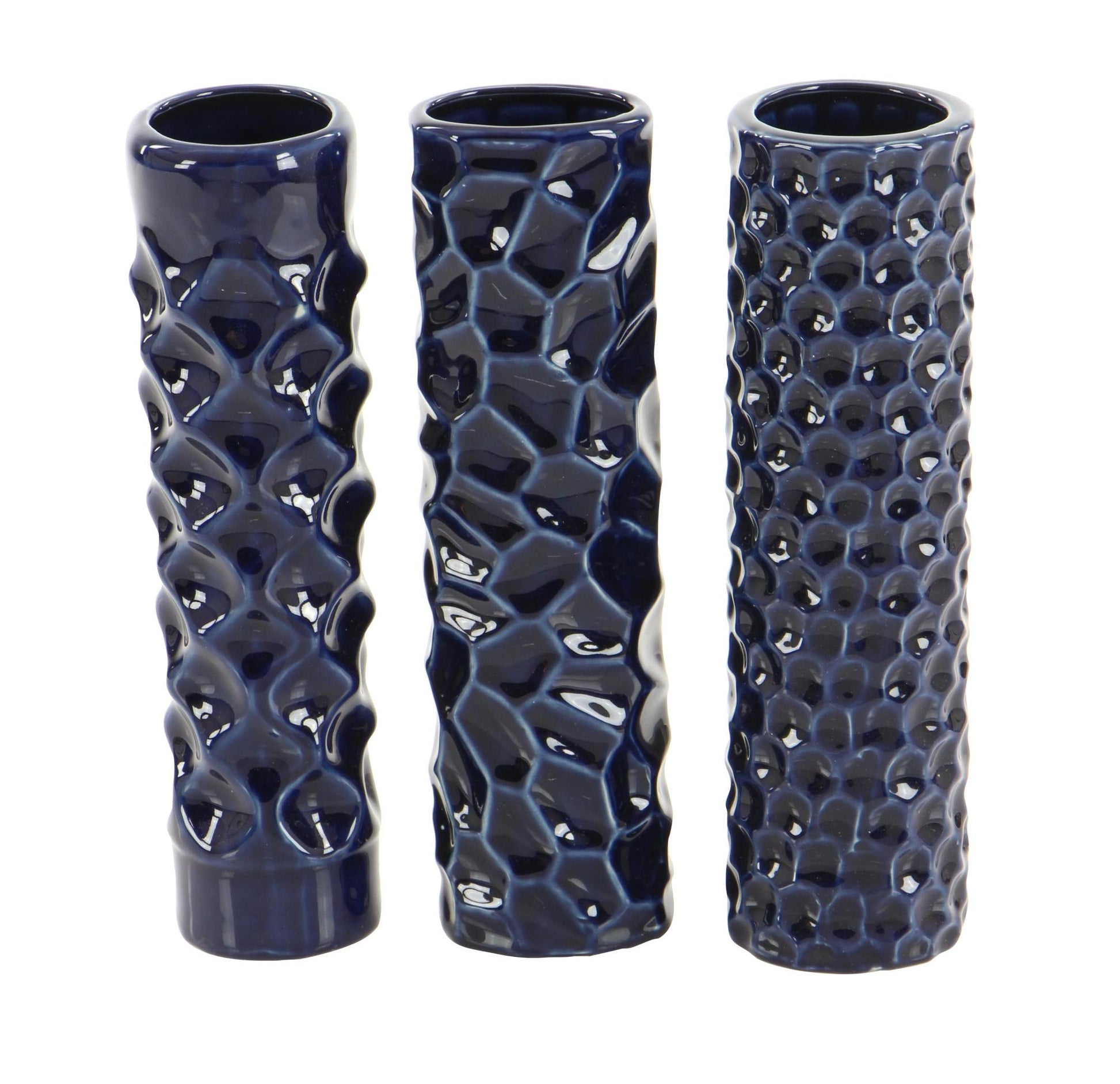 Set of 3 Dark Blue Ceramic Decorative Vase with Varying Patterns