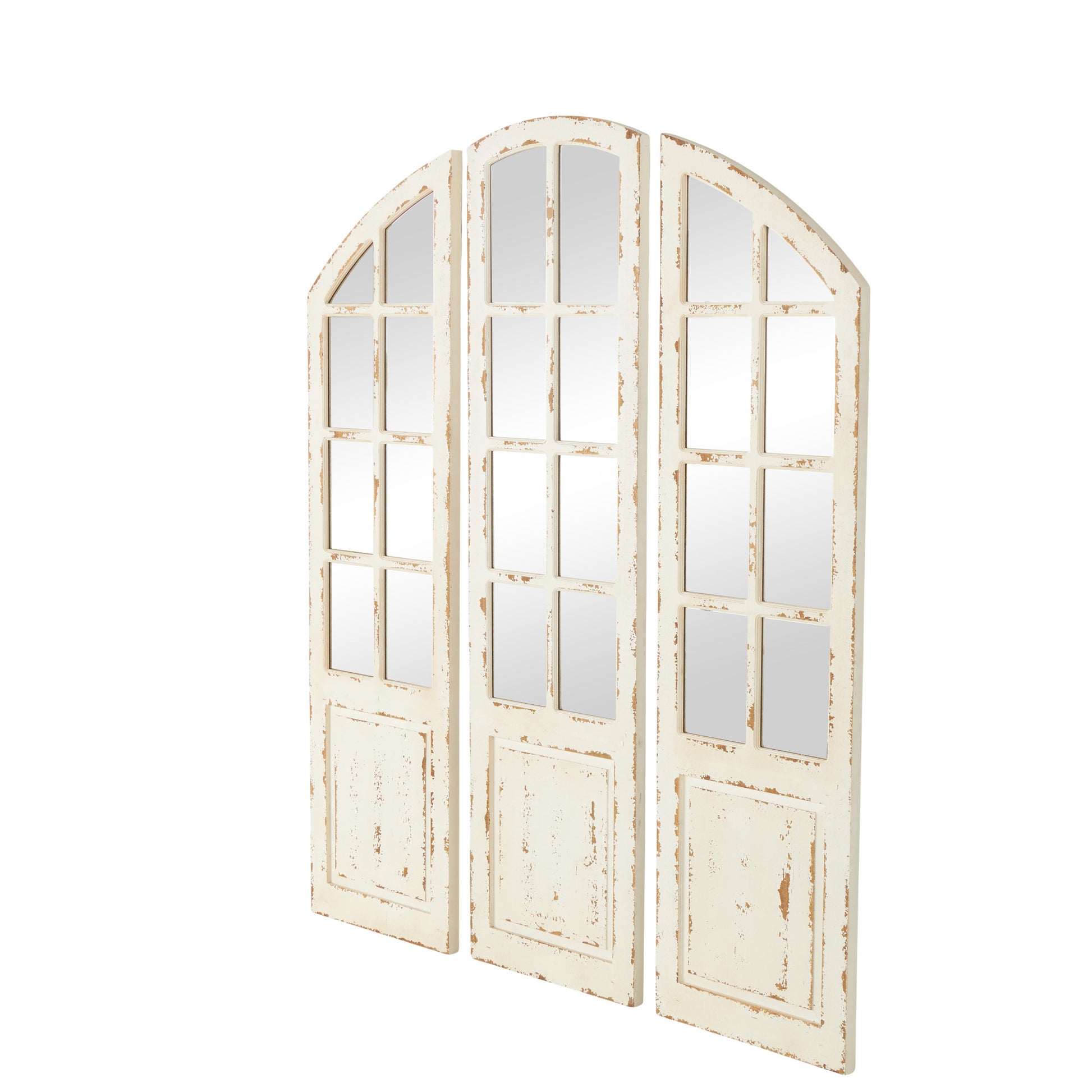 Set of 3 White Wood Window Pane Inspired Room Wall Mirror with Arched Top and Distressing