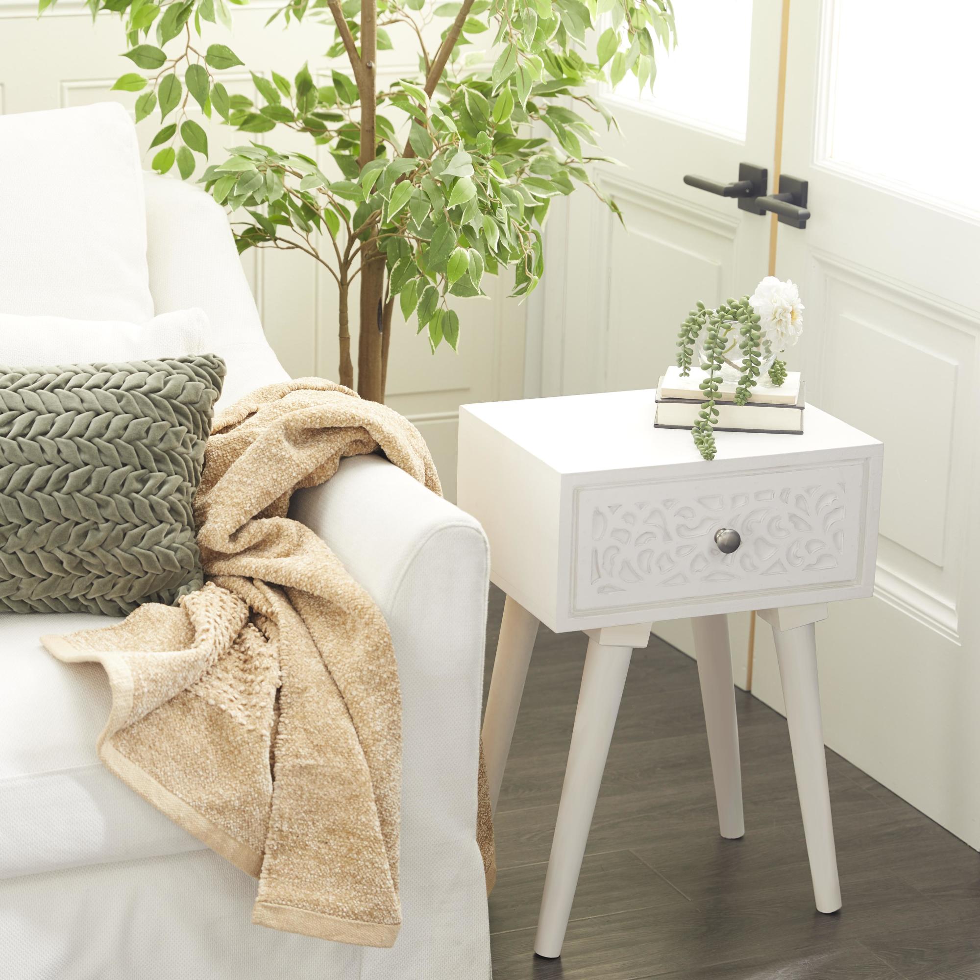 Scroll White Mango Wood Intricately Carved Single Drawer Side End Accent Table