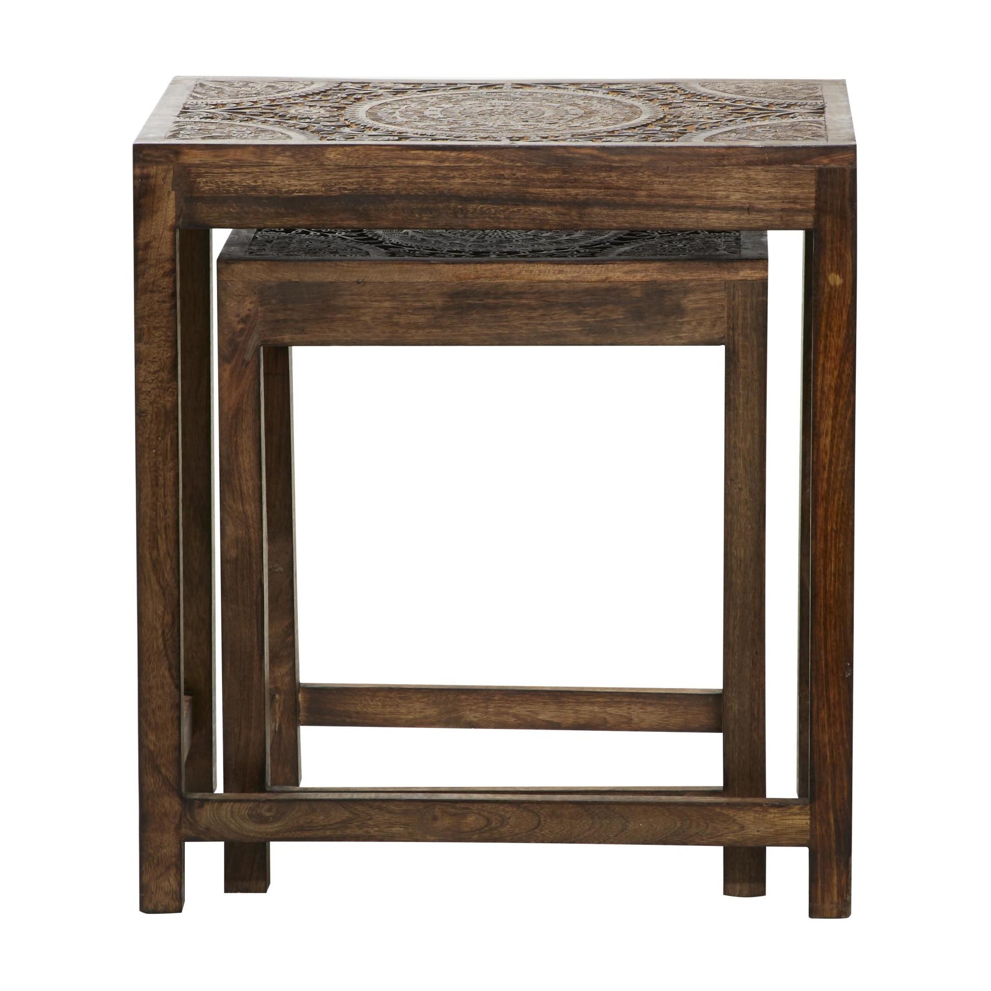 Set of 2 Floral Mango Wood Handmade Intricately Carved Side End Accent Table with Carved Tabletops