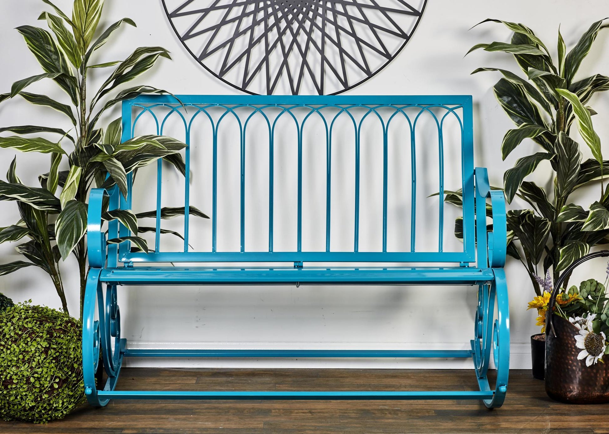 Scroll Teal Metal Rocking Patio Outdoor Bench