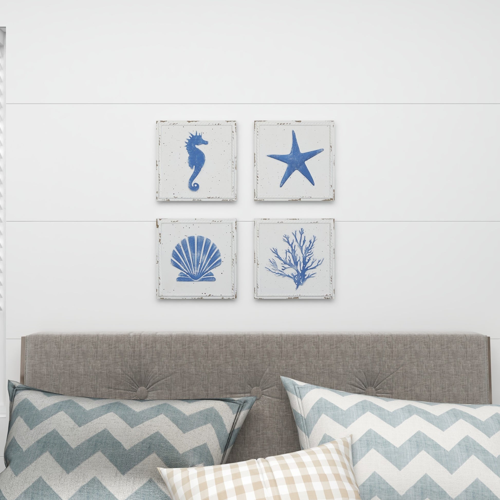 Set of 4 Sea Horse Metal Speckled Home Wall Decor with Starfish, Shell, and Coral Designs Set of 4 12"W, 12"H