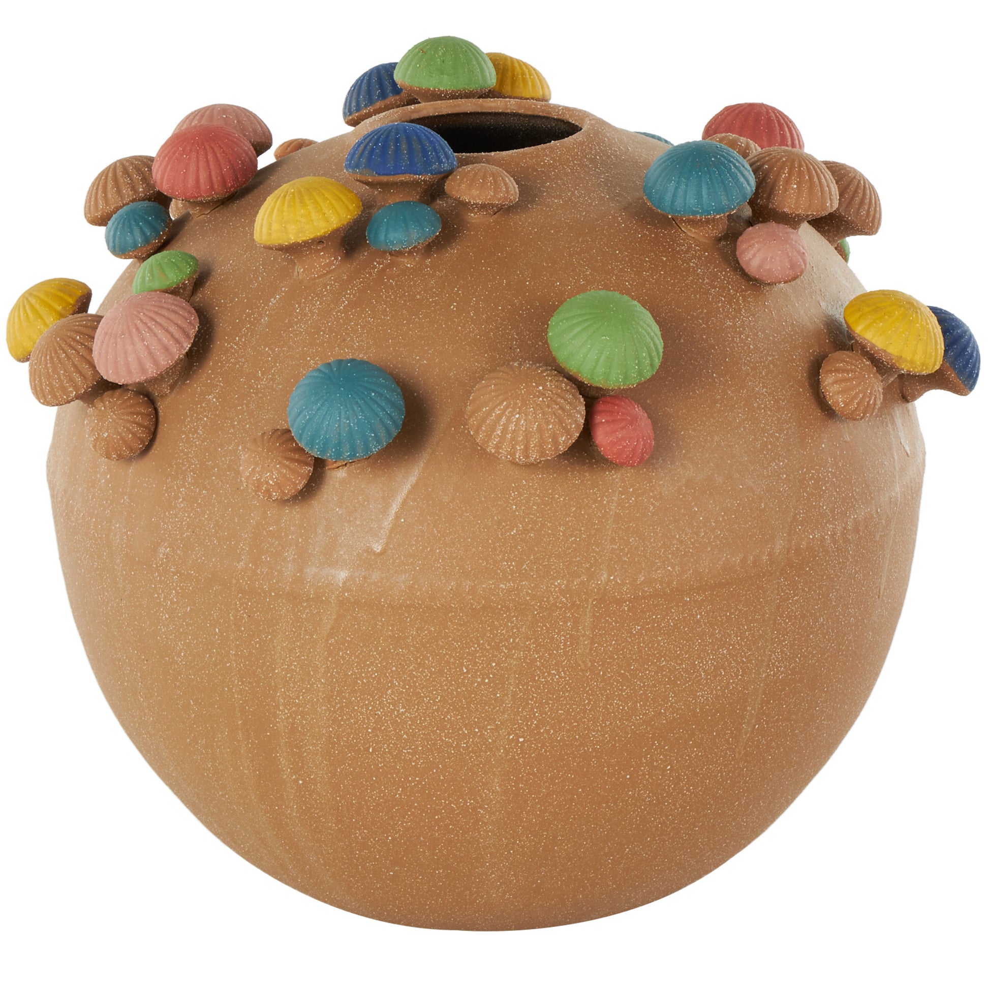 Mushroom Brown Ceramic Round Wide Decorative Vase with Multicolor Accents and White Speckles