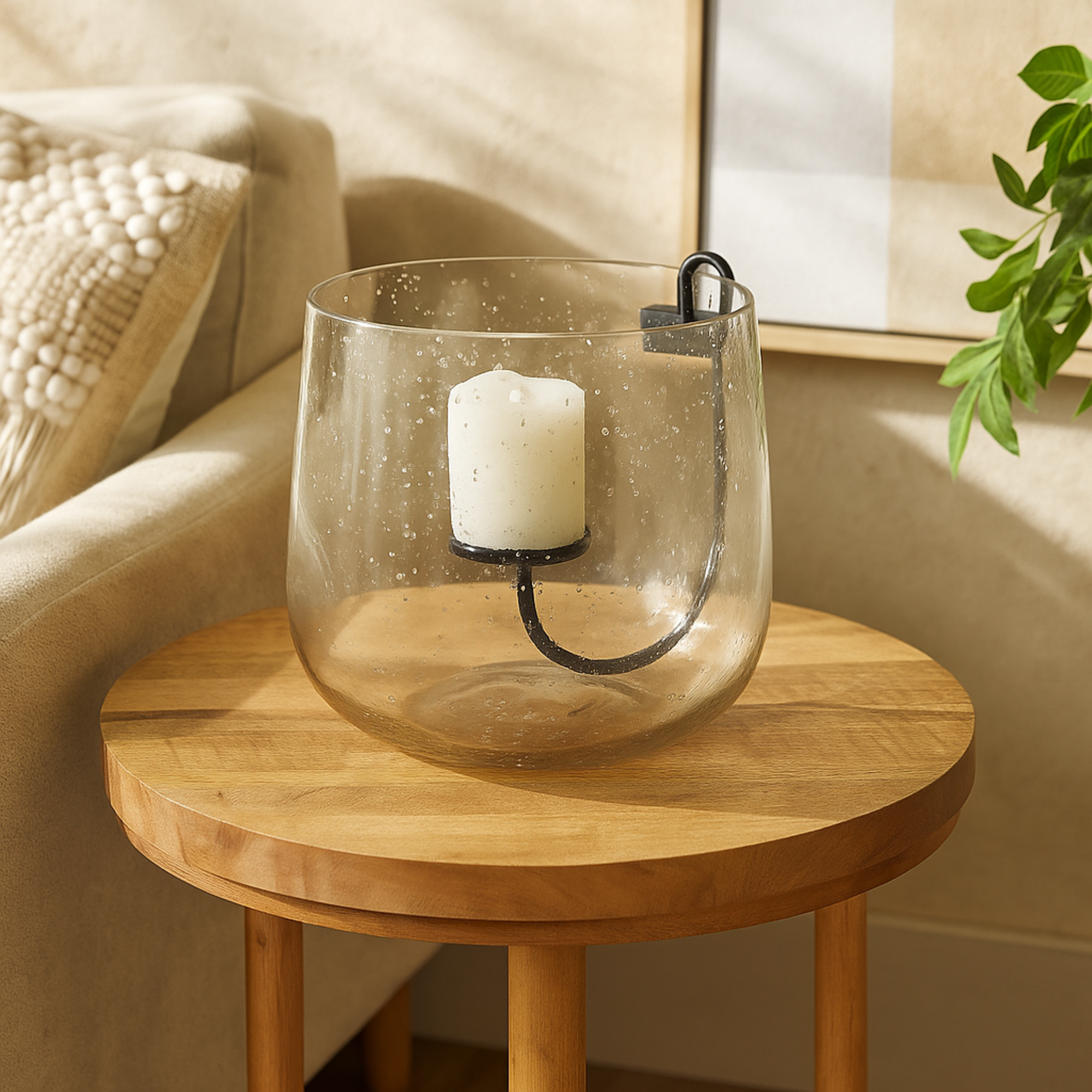 Clear Glass Decorative Candle Holder with Black Metal Accents and Brown Speckles