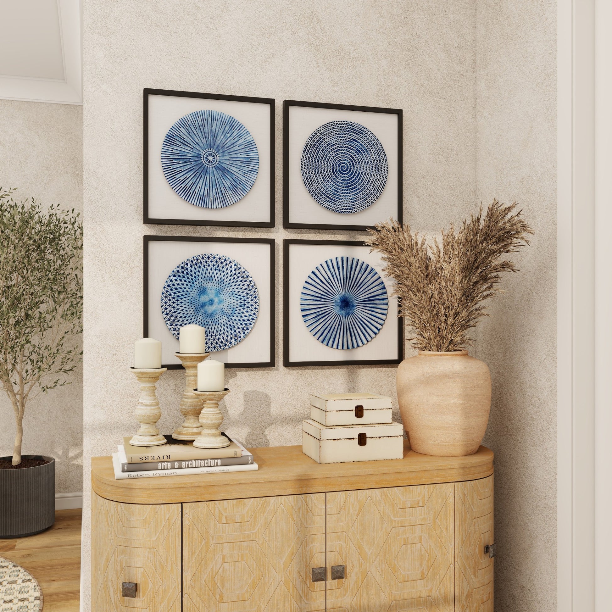 Set of 4 Starburst Blue Metal 3D Spiral Plate Living Room Framed Wall Art with Black Wood Frames