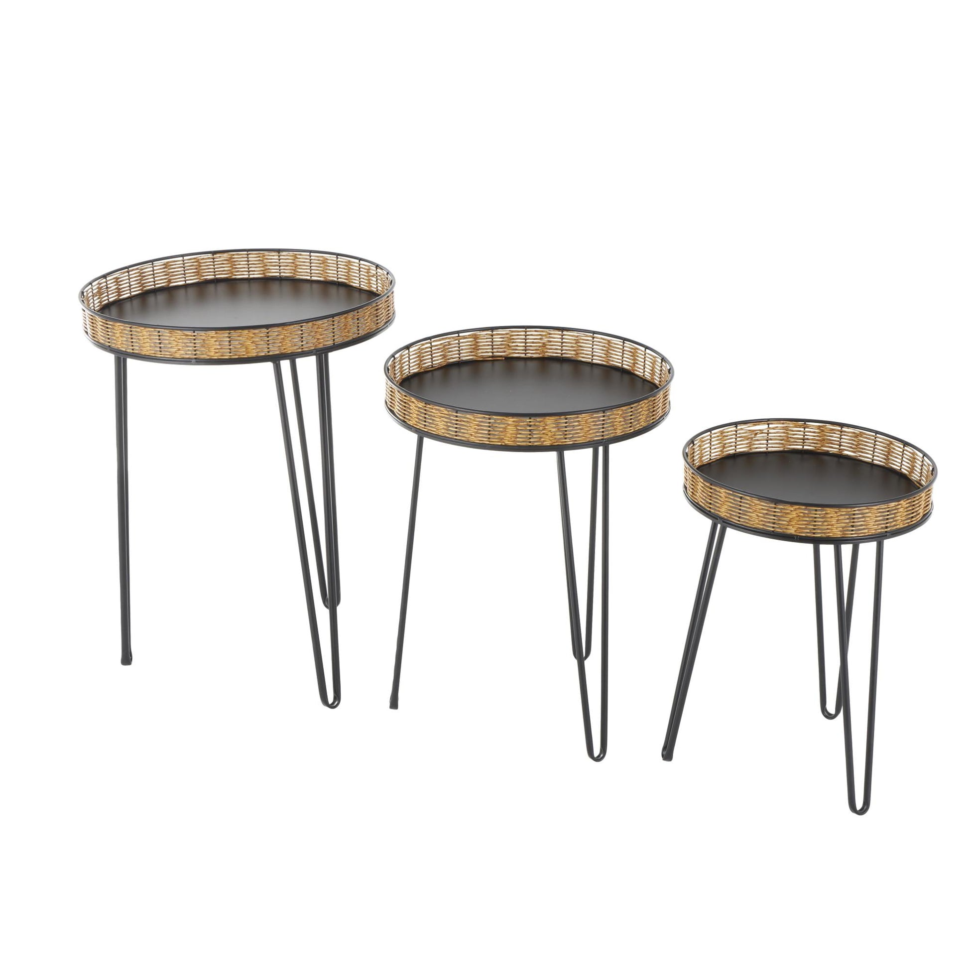 Set of 3 Black Metal Handmade Side End Accent Table with Rattan Edges Tabletops