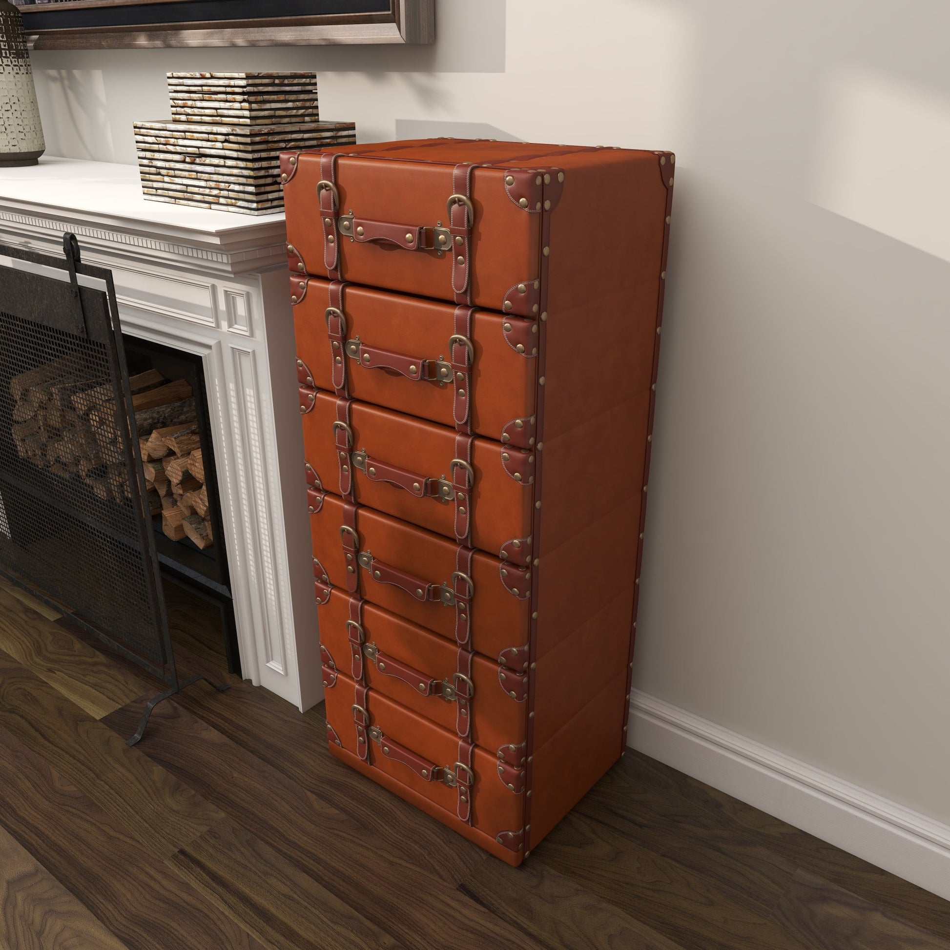 Brown Wooden Faux Leather 6 Drawer Room Chest with Buckle and Strap Detailing