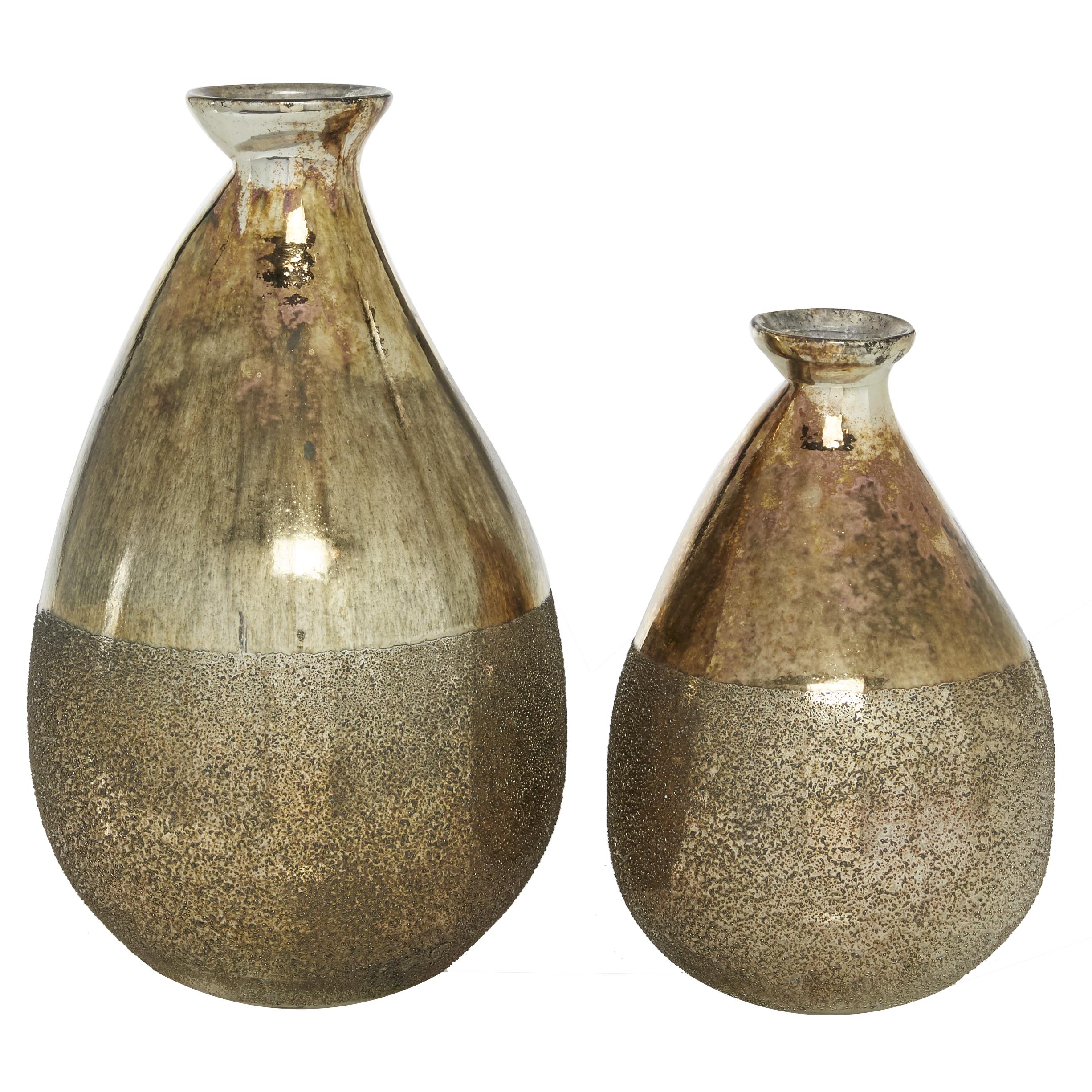 Set of 2 Glass Textured Teardrop Decorative Vase with Textured Base