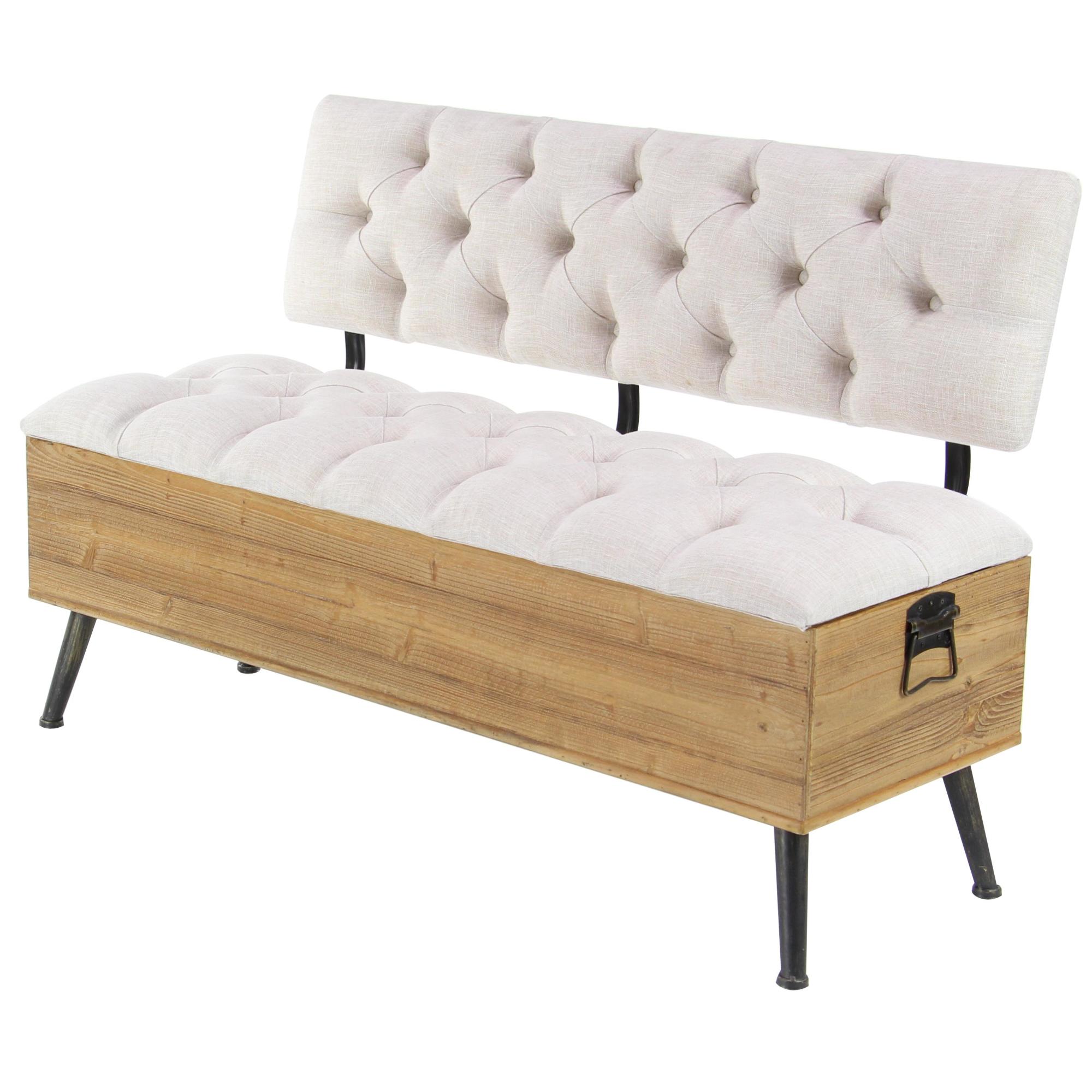 White Fabric Room Storage Bench with Cream Tufted Seat and Back