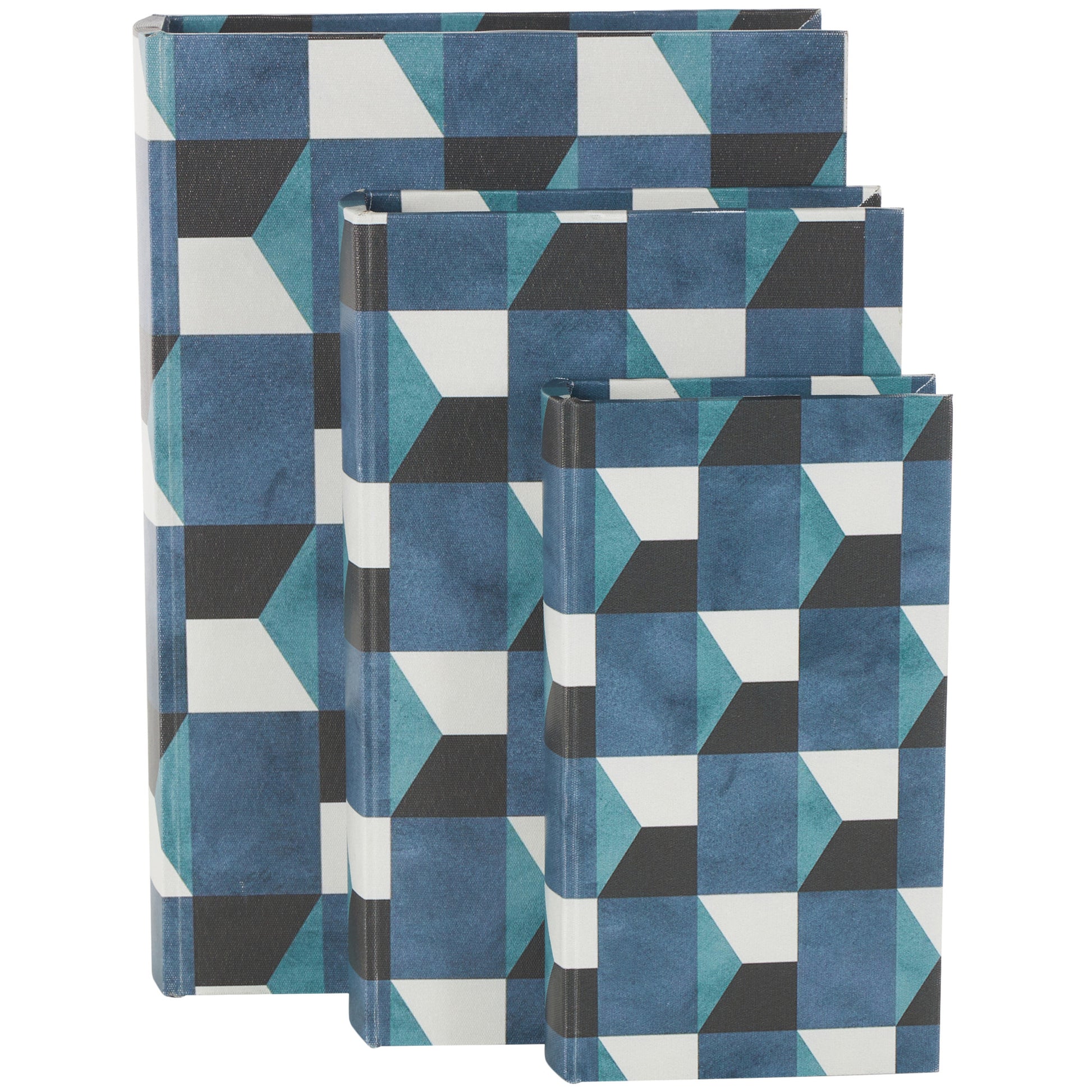 Set of 3 Geometric Blue Faux Leather Faux Book Storage Decorative Box with Black and White Accents