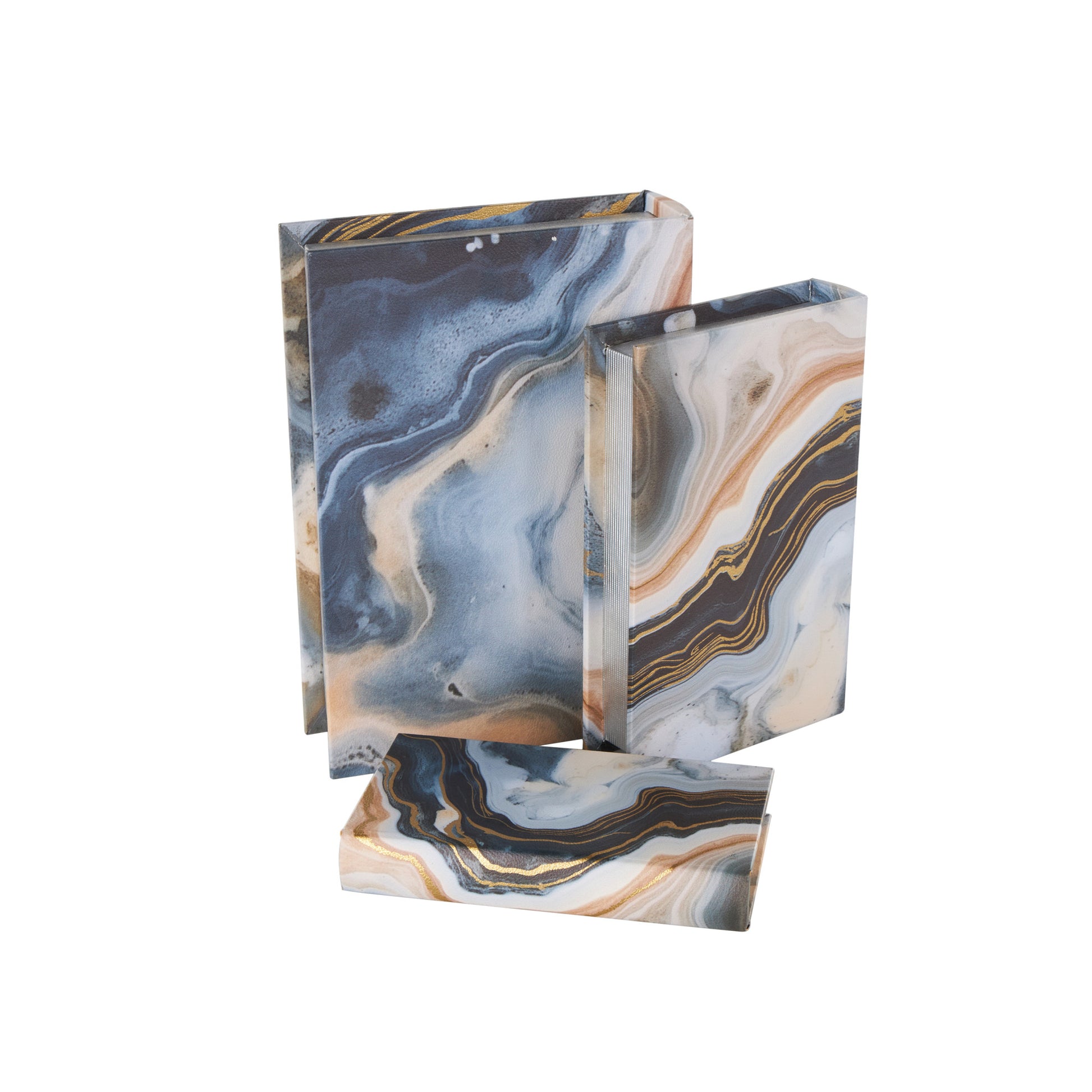 Set of 3 Geode Blue Faux Leather Faux Book Storage Decorative Box with Metallic Gold Accents