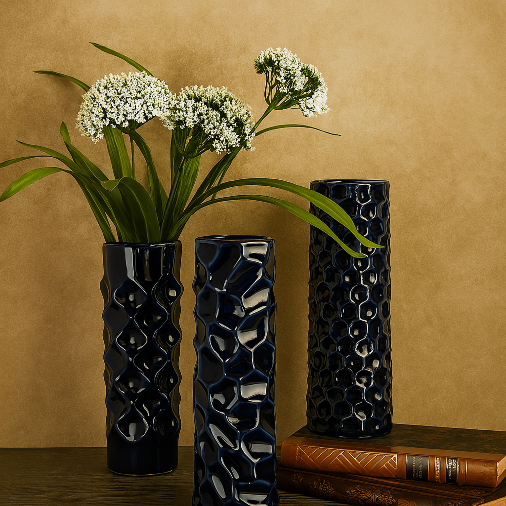 Set of 3 Dark Blue Ceramic Decorative Vase with Varying Patterns