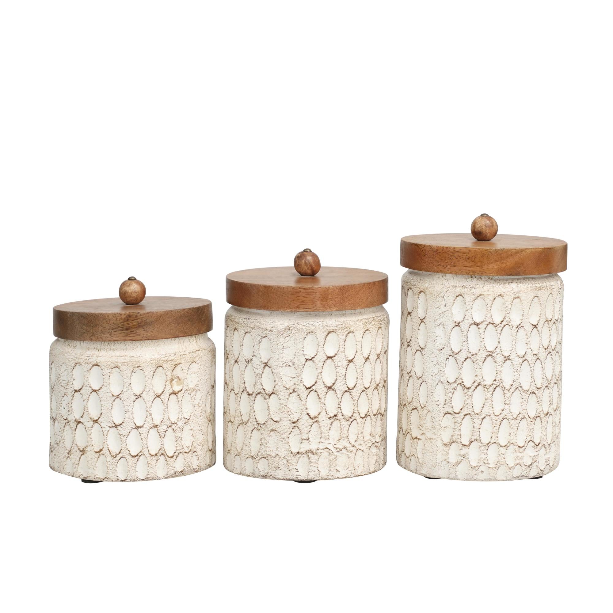Set of 3 Geometric Cream Paper Mache Handmade Carved Spotted Decorative Canisters with Brown Removable Lids