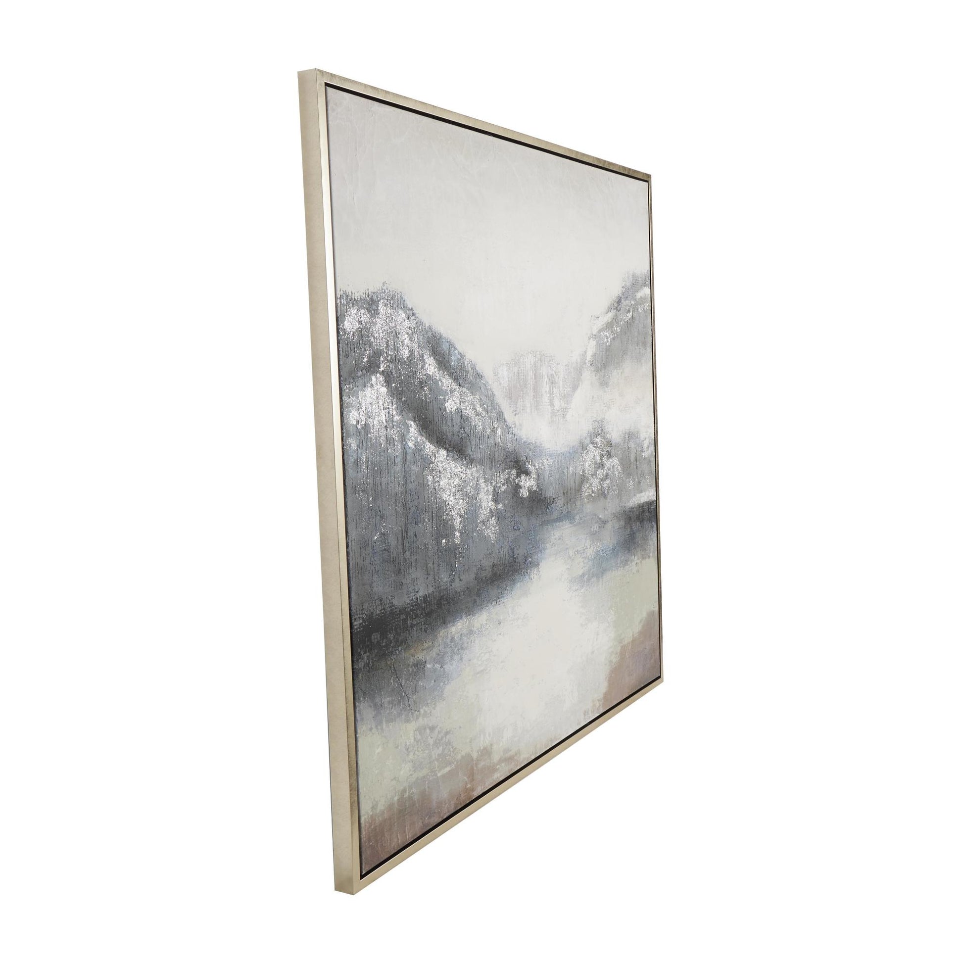 Landscape Blue Canvas Lake and Mountain Living Room Framed Wall Art with Silver Foil Accents