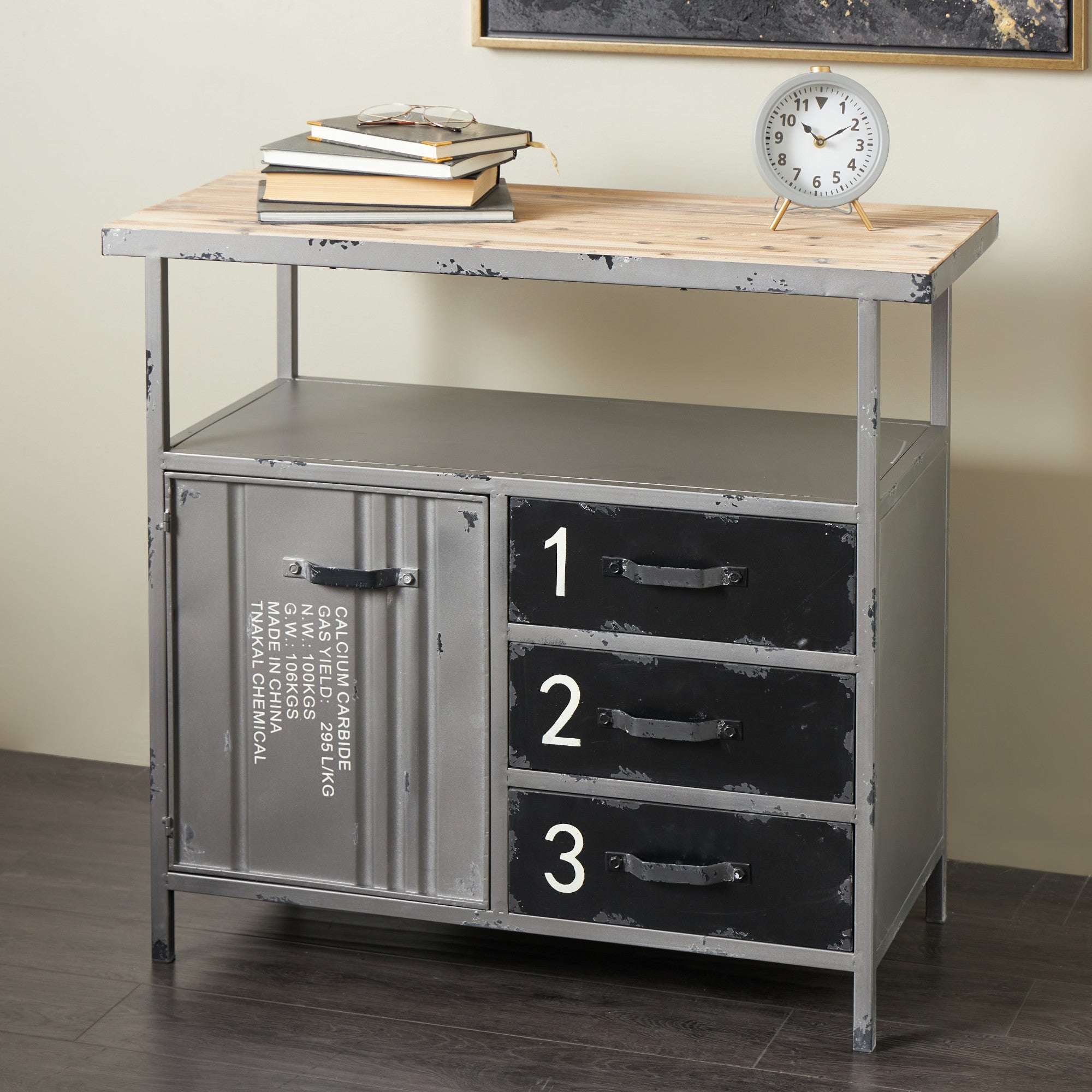 Gray Metal Army Surplus Style 1 Door and 3 Drawer Room Cabinet with Numbers and Text