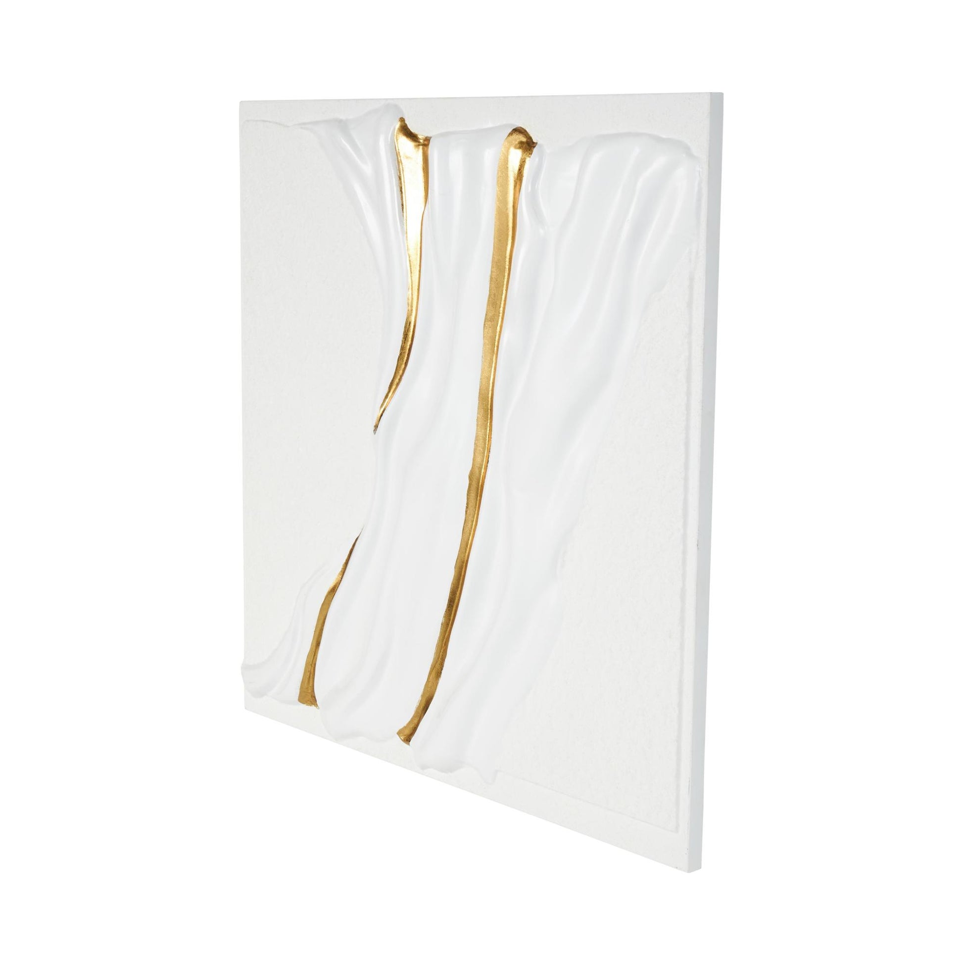 Abstract White Metal Dimensional Textured Wavy Living Room Framed Wall Art with Curved Gold Accents