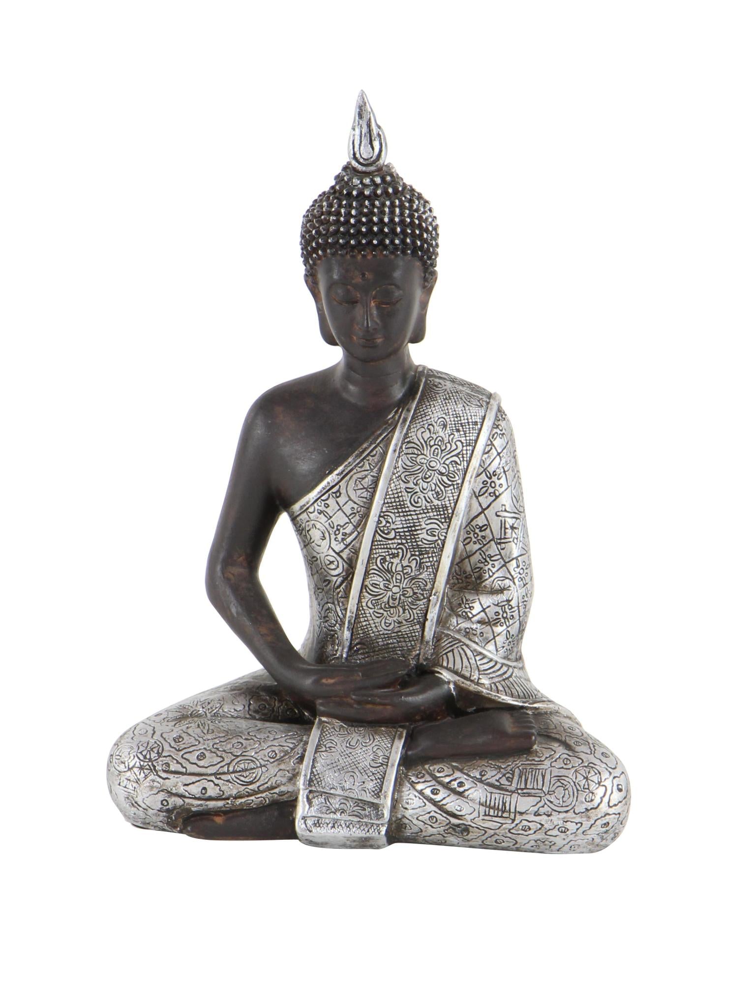 Buddha Silver Polystone Meditating Decorative Sculpture with Engraved Carvings and Relief Detailing