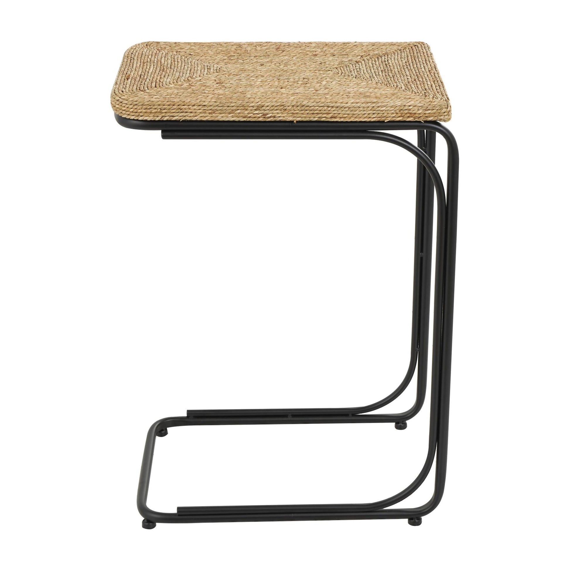 Brown Dried Plant Handmade Coiled C-Shaped Side End Accent Table with Black Metal Legs