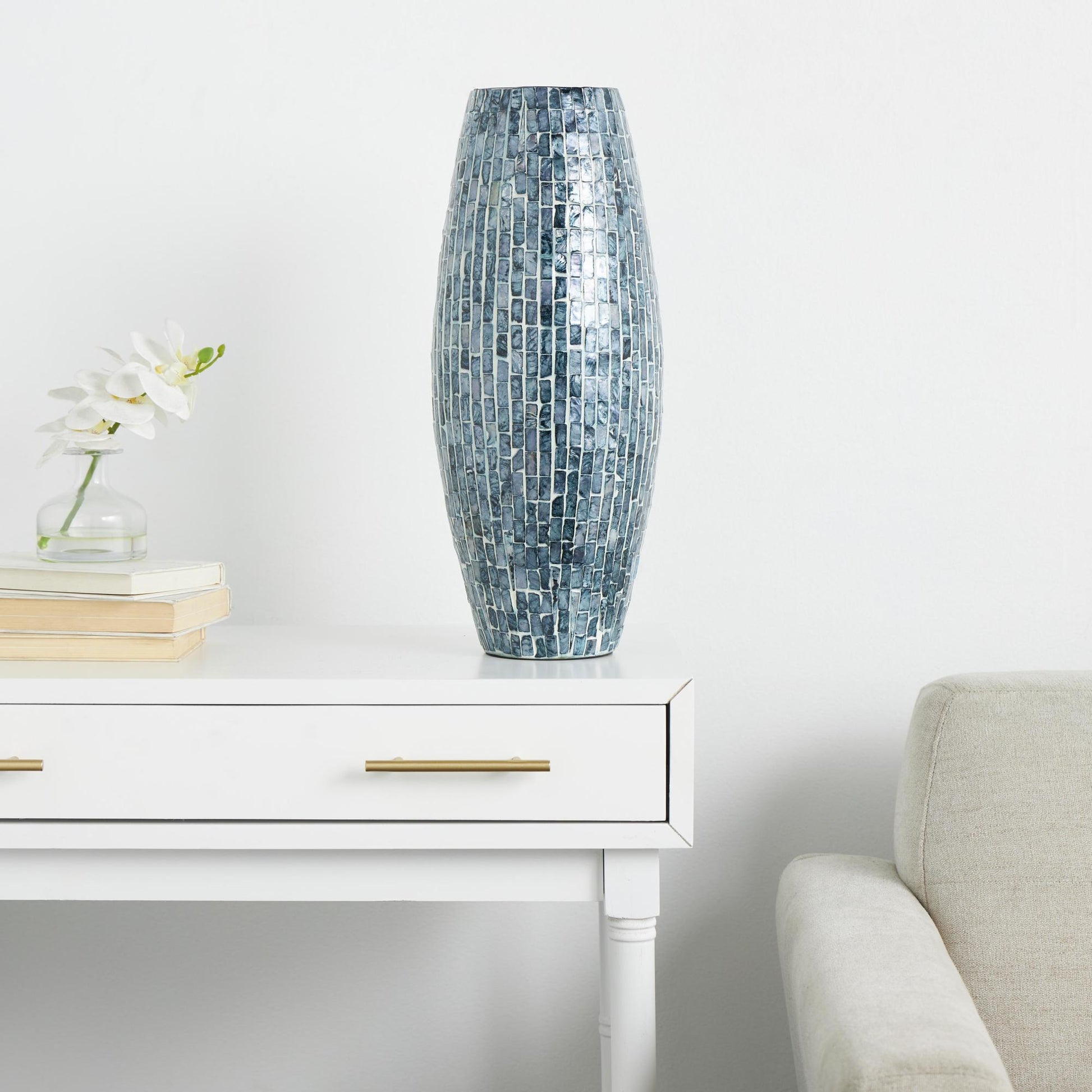Blue Mother of Pearl Shell Handmade Mosaic Inspired Decorative Vase
