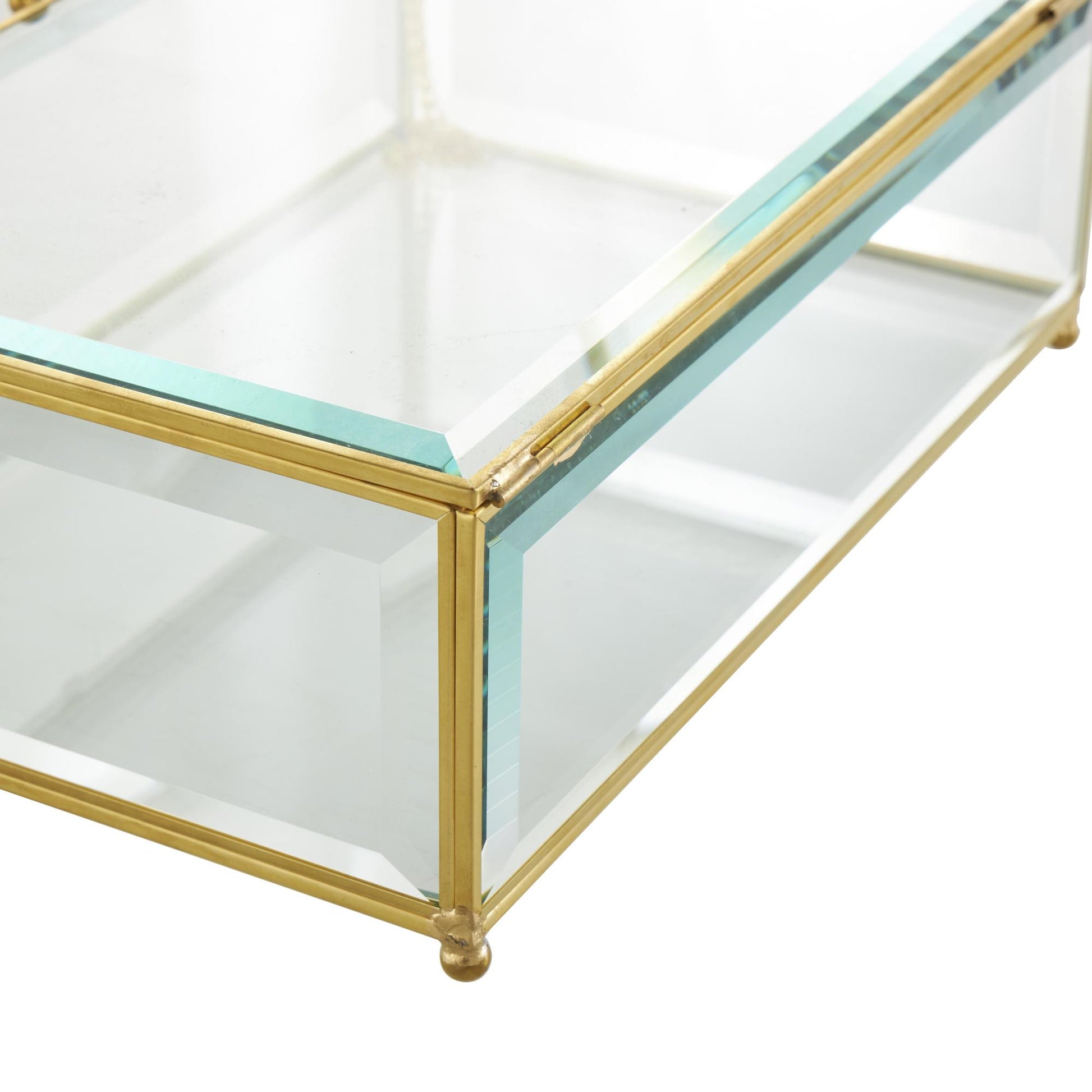 Set of 2 Clear Glass Beveled Decorative Jewelry Box with Gold Metal Frame and Chain Accent