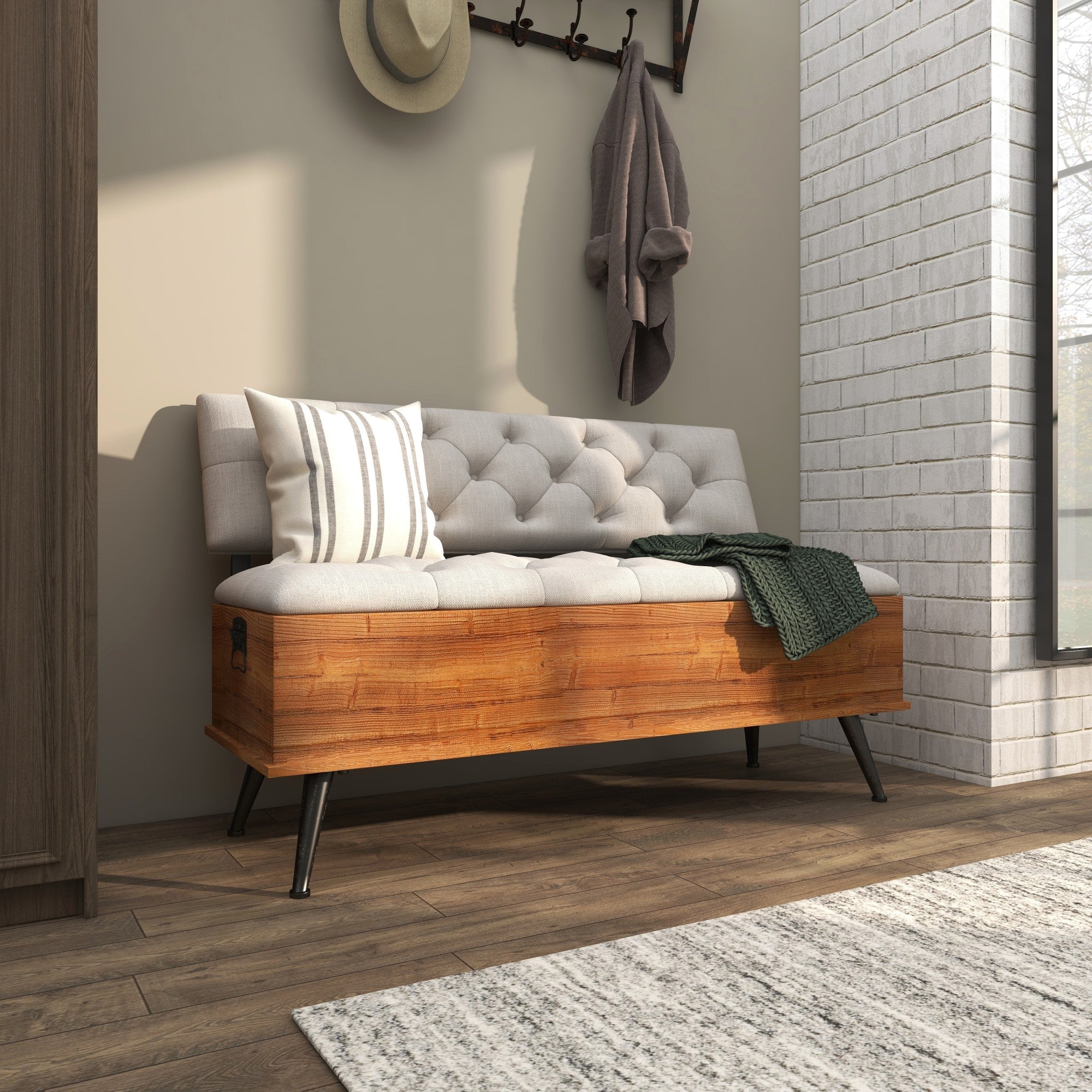 White Fabric Room Storage Bench with Cream Tufted Seat and Back