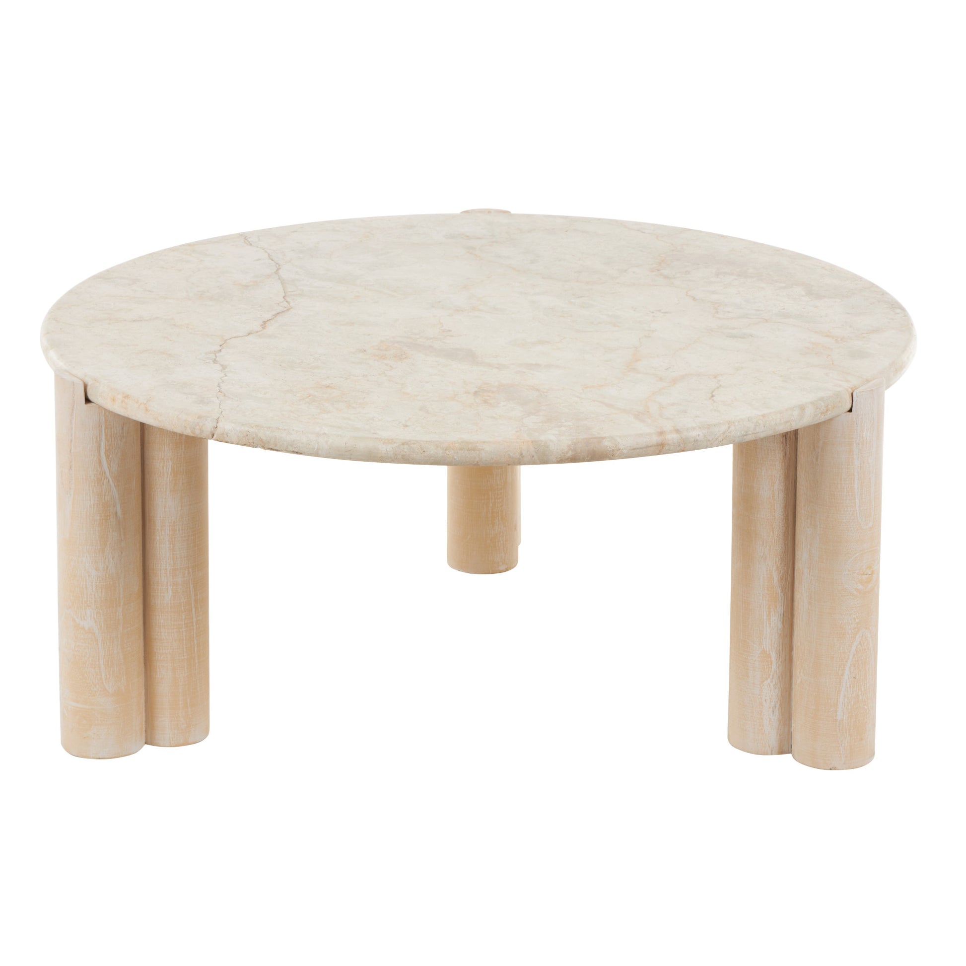 Cream Teak Wood Handmade Living Room Coffee Table with Beige Marble Tabletop