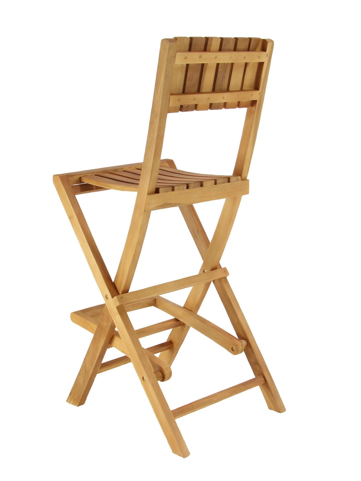 Set of 2 Brown Teak Wood Indoor Outdoor Slatted Folding Kitchen Bar Stool with Footrest
