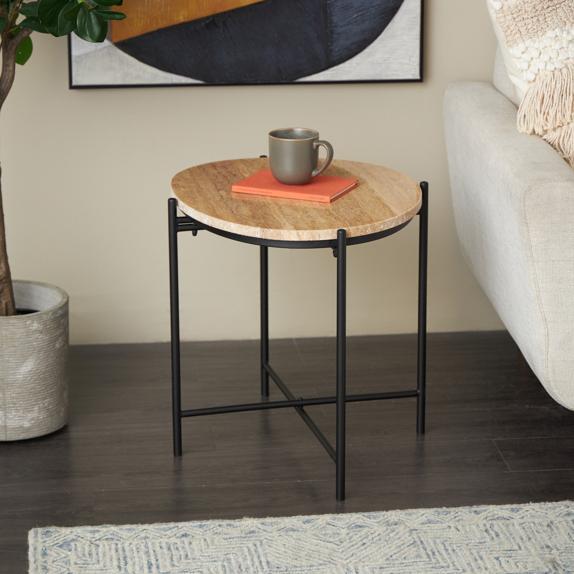Beige Marble Round Side End Accent Table with Black Metal Support