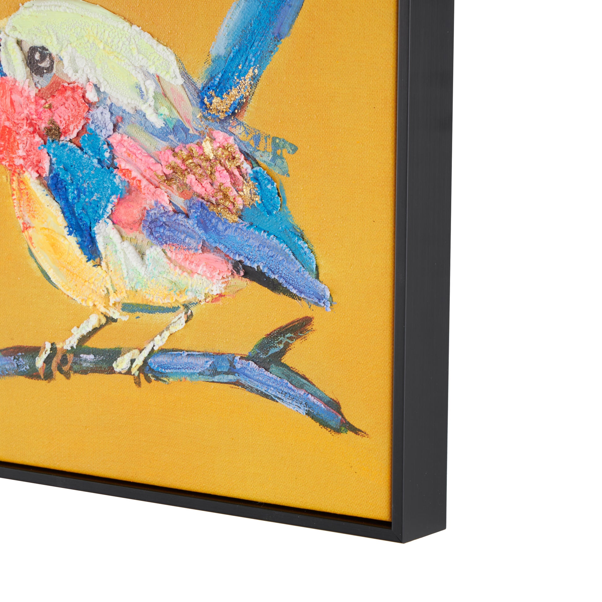 Set of 2 Bird Multi Colored Canvas Colorful Living Room Framed Wall Art with Black Frame and Gold Foil Accents