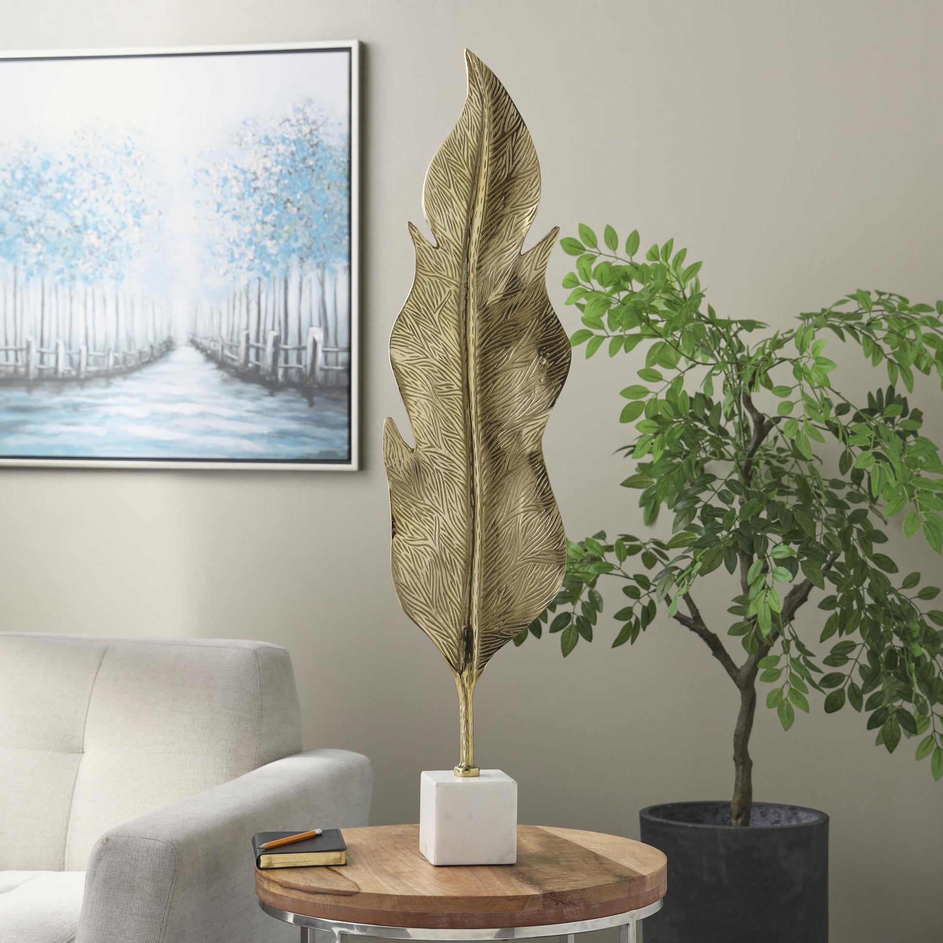 Leaf Gold Aluminum Metal Tall Textured Decorative Sculpture with White Marble Base