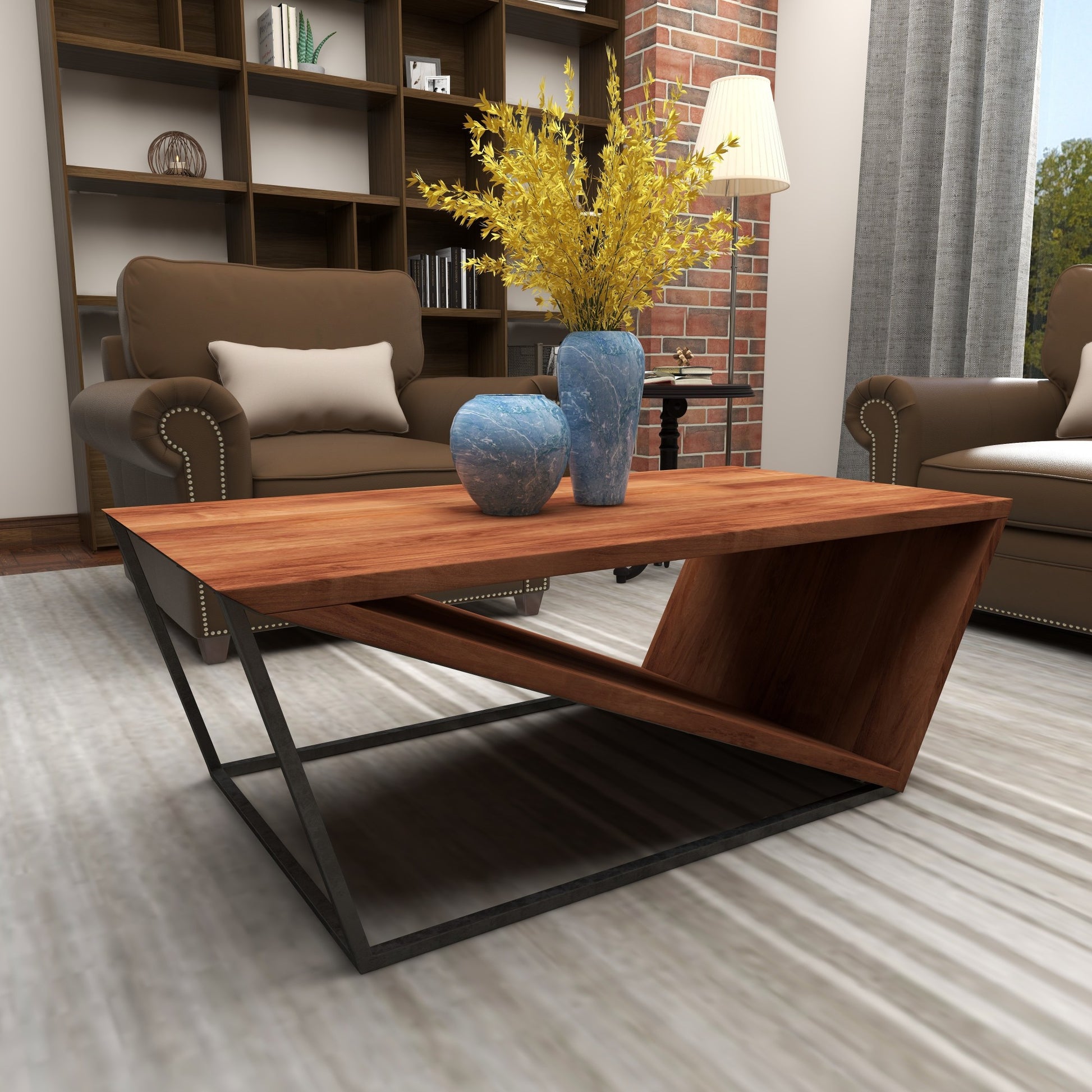 Geometric Brown Wood Diagonal Open Frame Living Room Coffee Table with Gray Metal Base