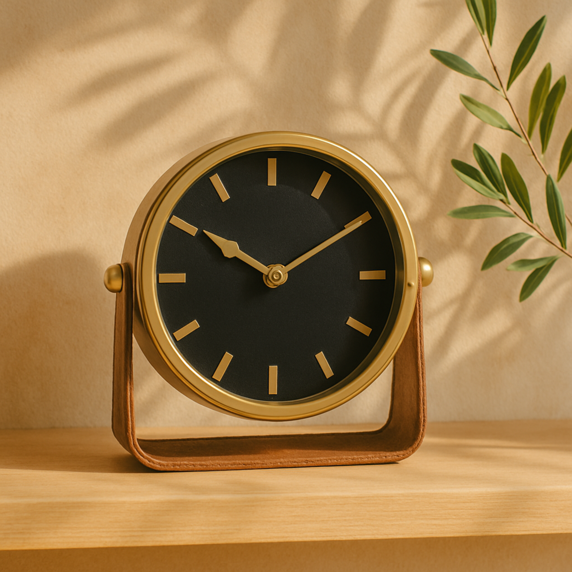 Stainless Steel Metal Decorative Clock with Leather Stand 7" x 3" x 7"