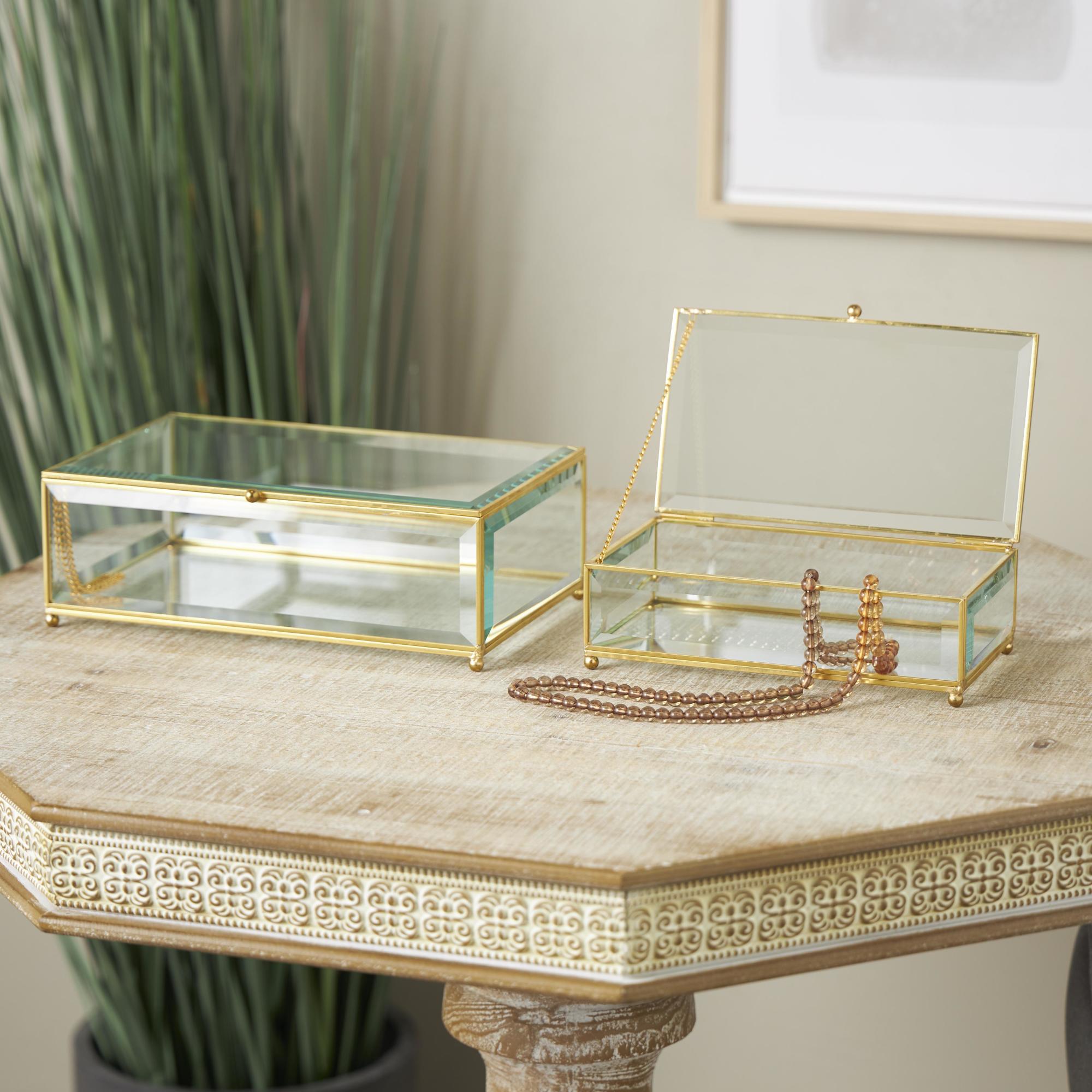 Set of 2 Clear Glass Beveled Decorative Jewelry Box with Gold Metal Frame and Chain Accent