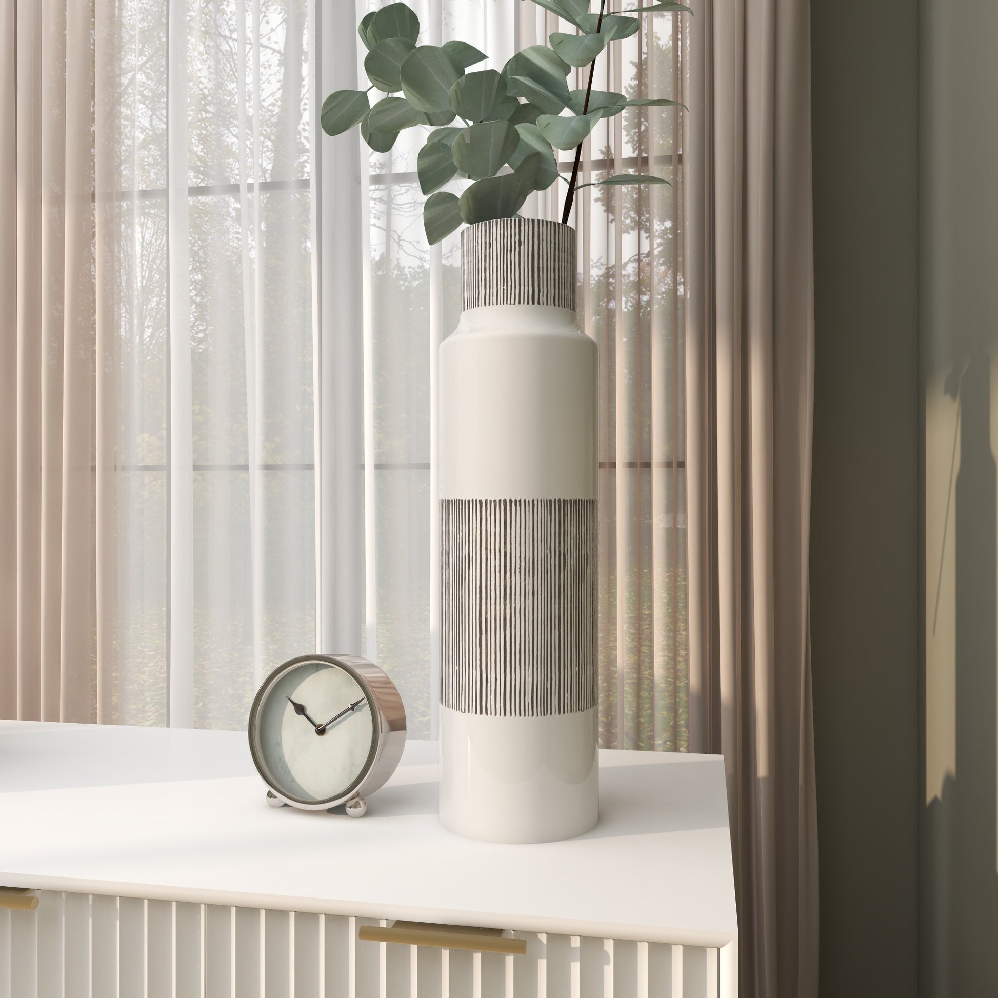 CosmoLiving by Cosmopolitan White Ceramic Handmade Decorative Vase with Gray Striped Accents