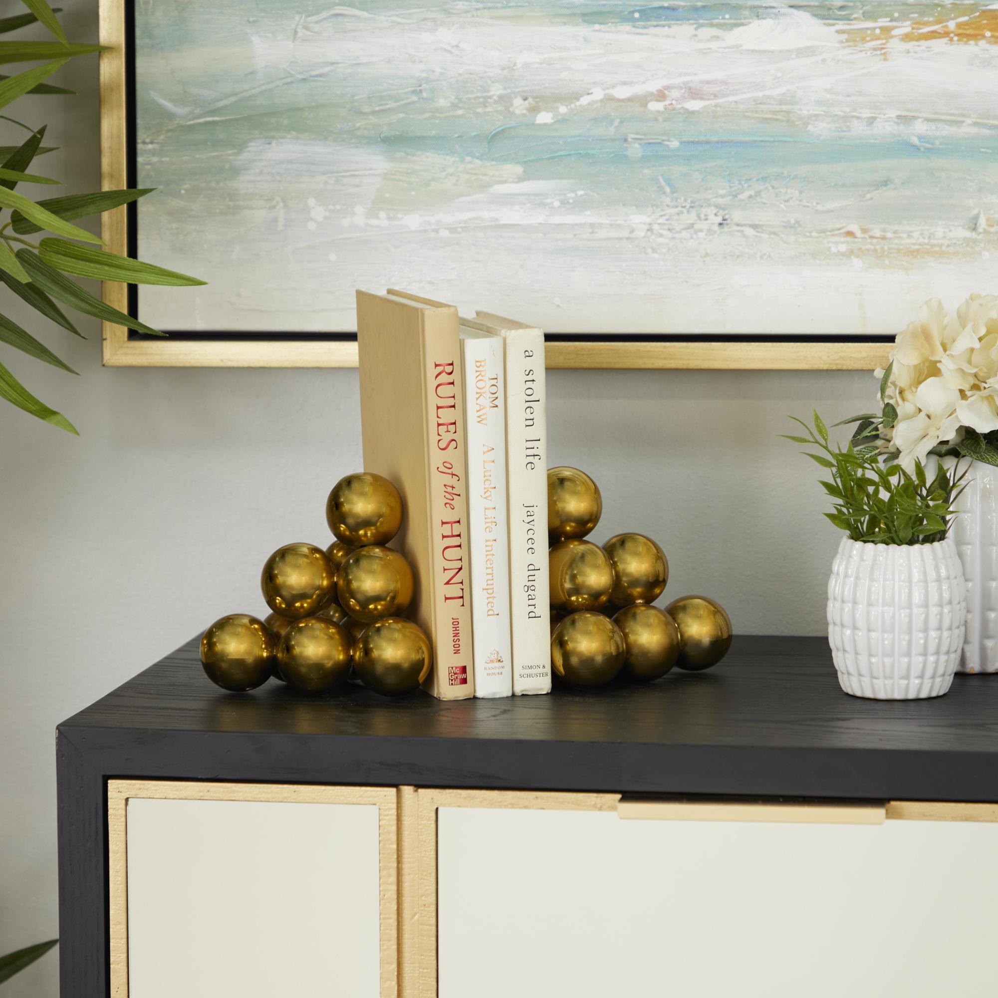 Set of 2 Gold Stainless Steel Metal Stacked Orb Decorative Bookends