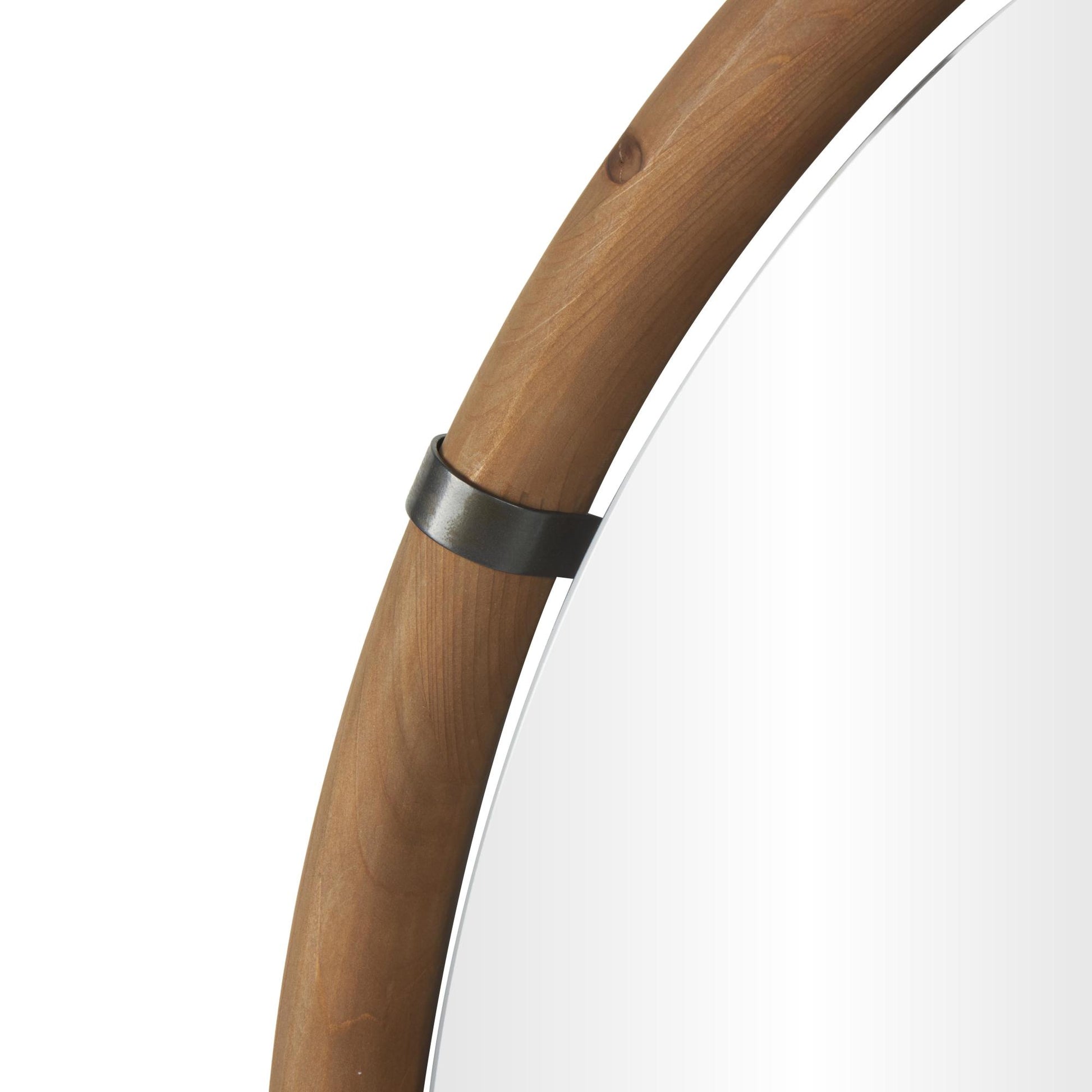 Brown Wood Round Room Wall Mirror with Brass Metal Support