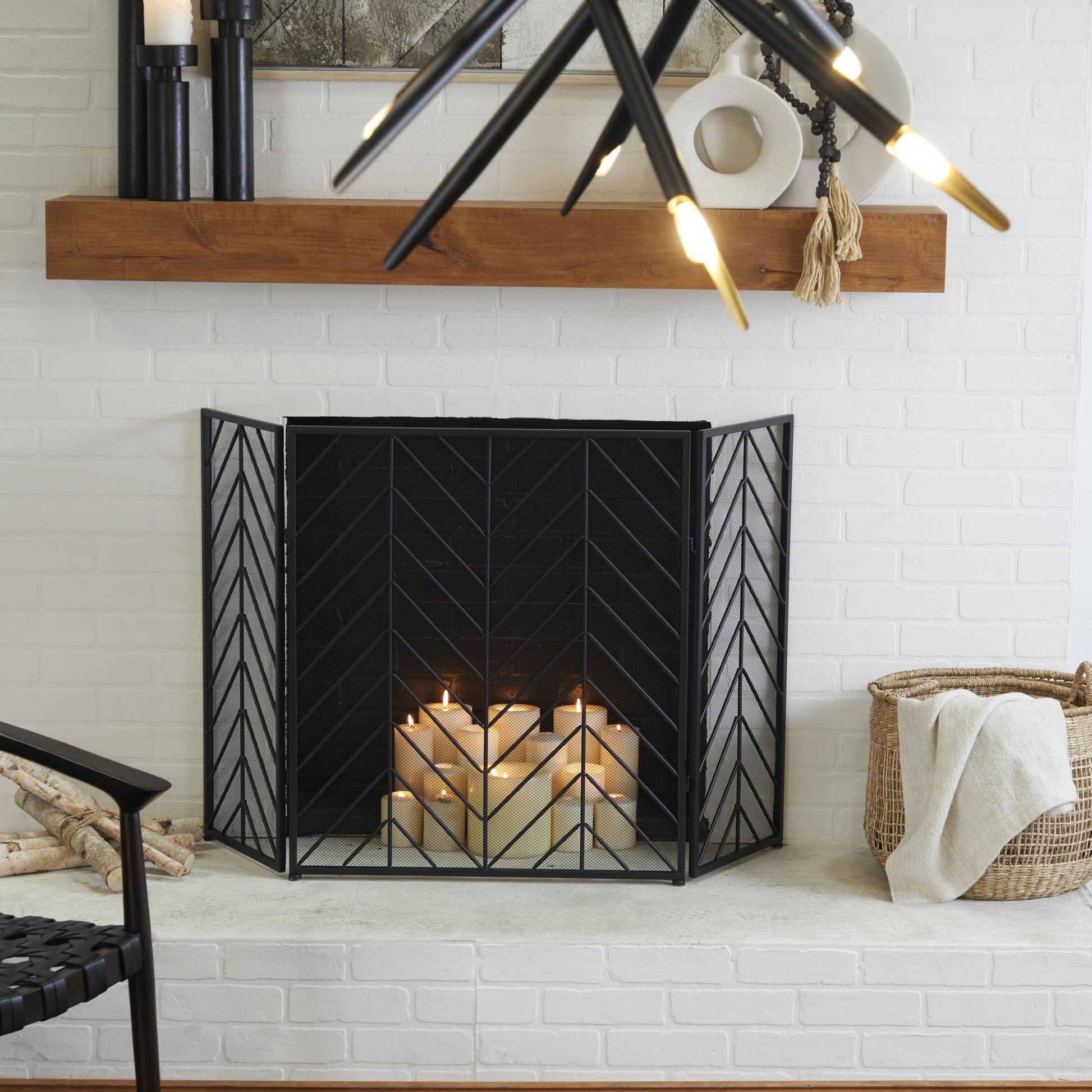 Geometric Metal Foldable Mesh Netting 3 Panel Living Room Fireplace Screen with Chevron Pattern