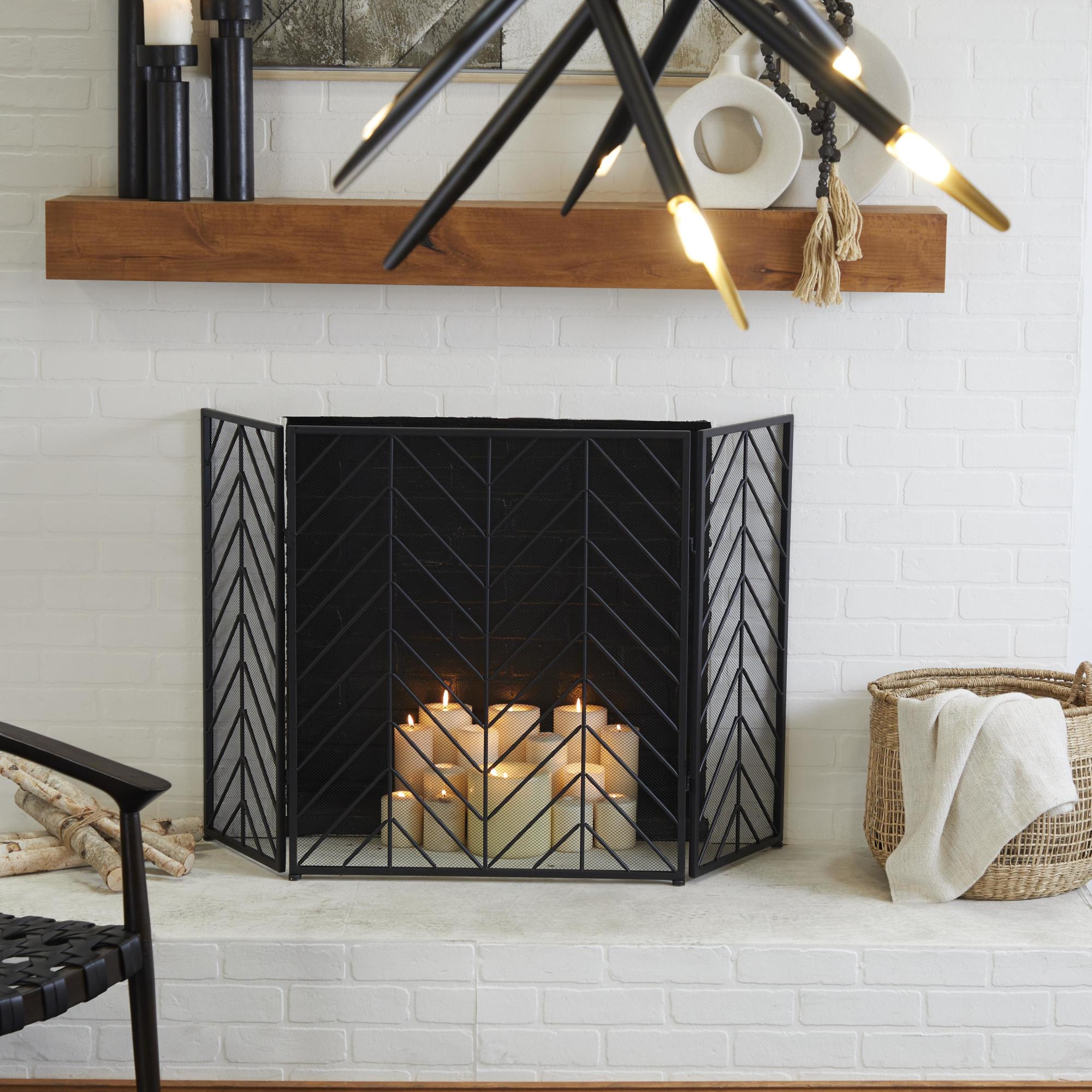 Geometric Metal Foldable Mesh Netting 3 Panel Living Room Fireplace Screen with Chevron Pattern