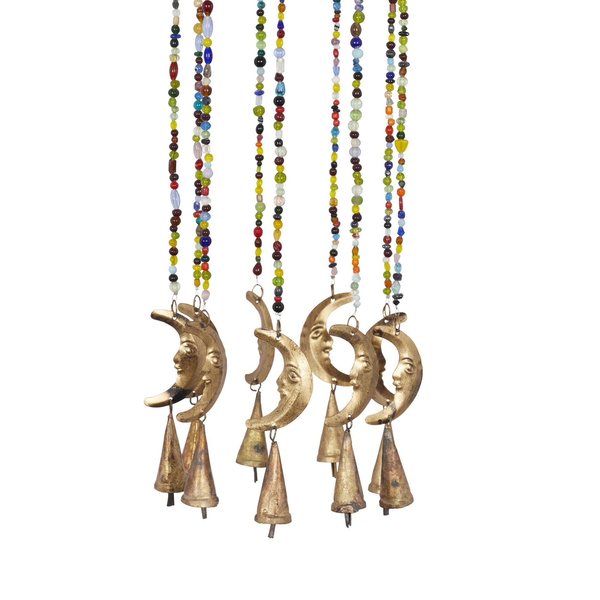 Moon Gold Metal Indoor Outdoor Windchime with Glass Beads and Cone Bells