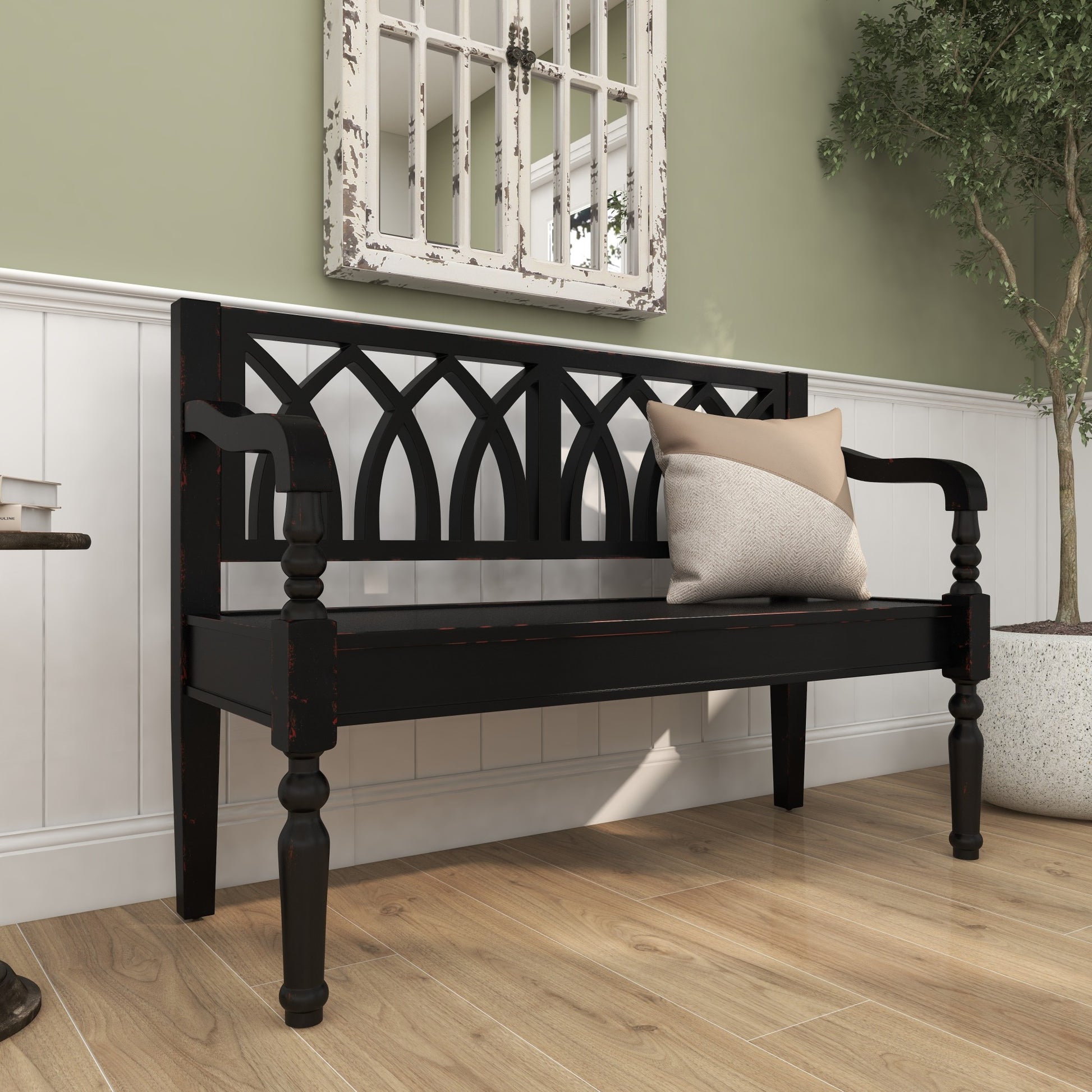 Wood Home Bench with Arched Design Back and Turned Legs 48" x 19" x 36"