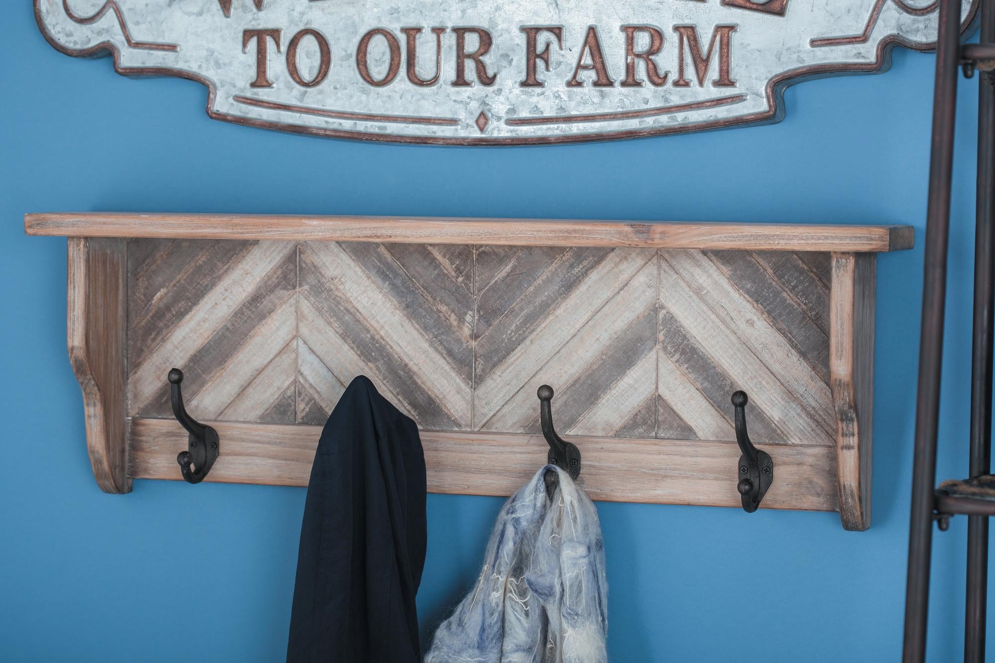 Brown Wood 1 Shelf and 4 Hangers Home Wall Hook